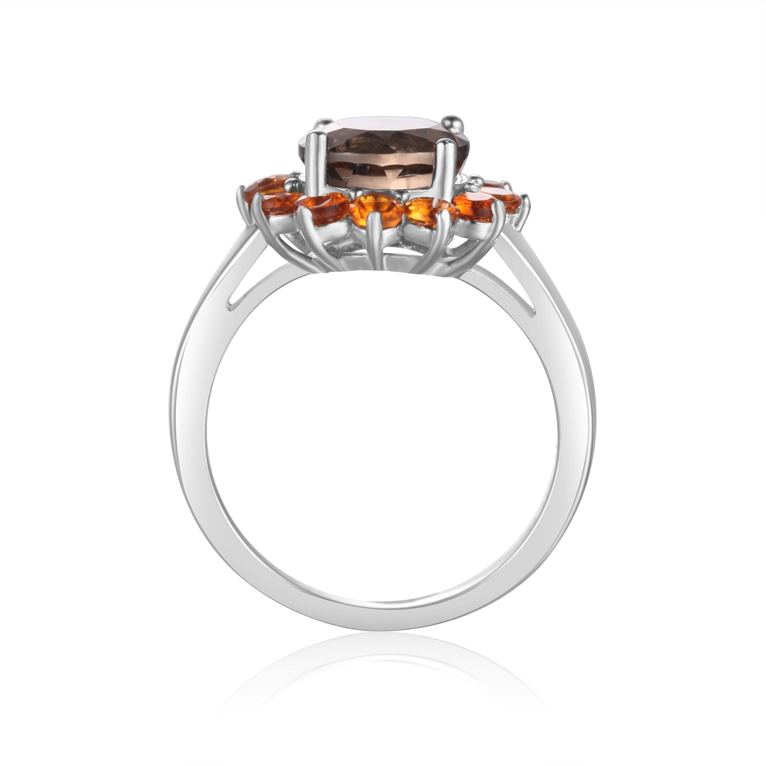 Sterling Silver Smoky Quartz with Citrine Ring - FineColorJewels