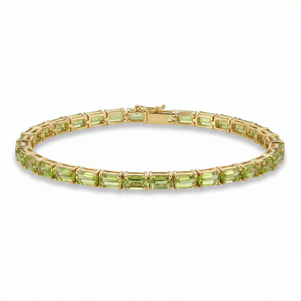 Natural Emerald Cut Green Peridot Silver Tennis Bracelet 7 inch
