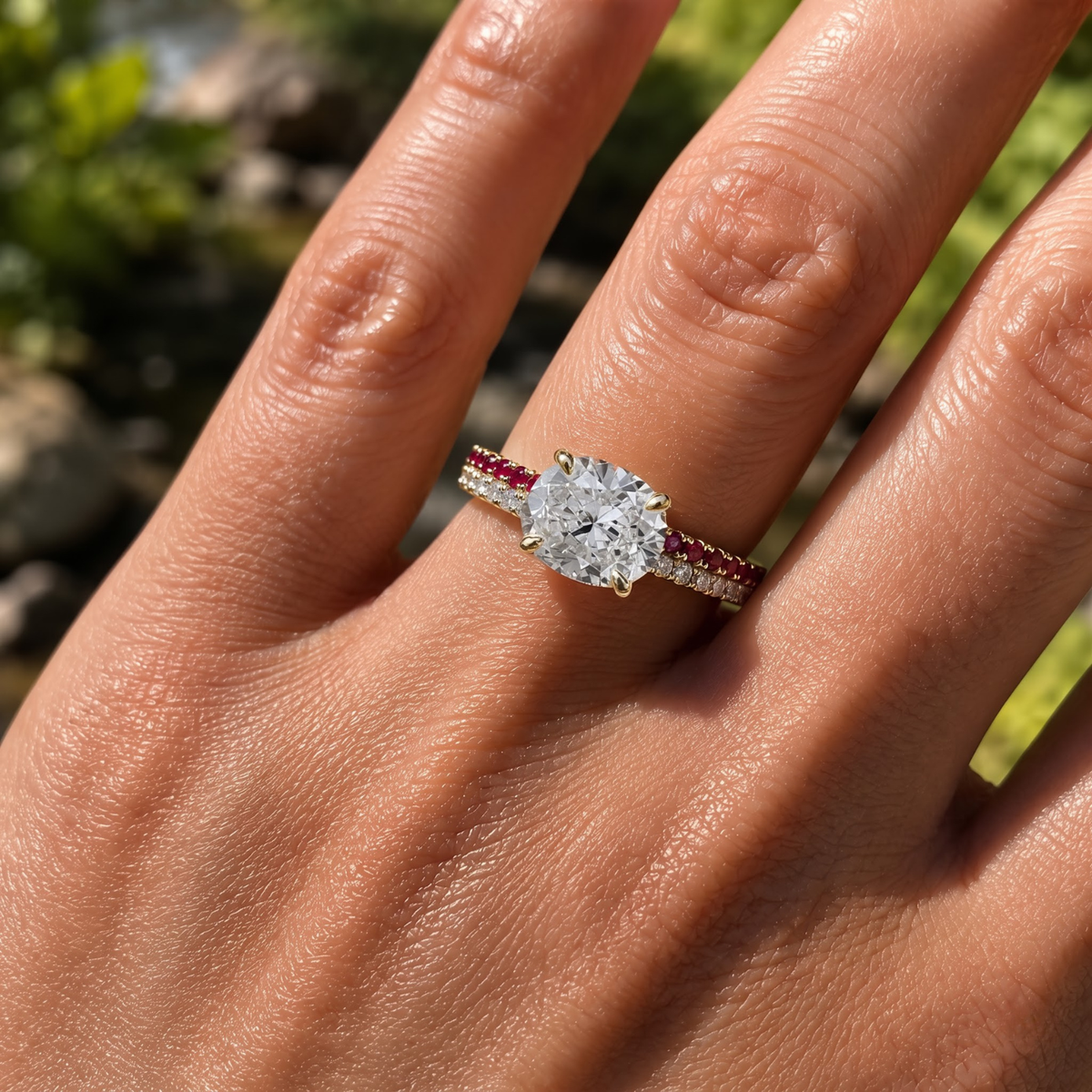 1.27 Cttw Oval Lab Grown Diamond Double Row Pave Band 14k Yellow Gold Engagement Ring