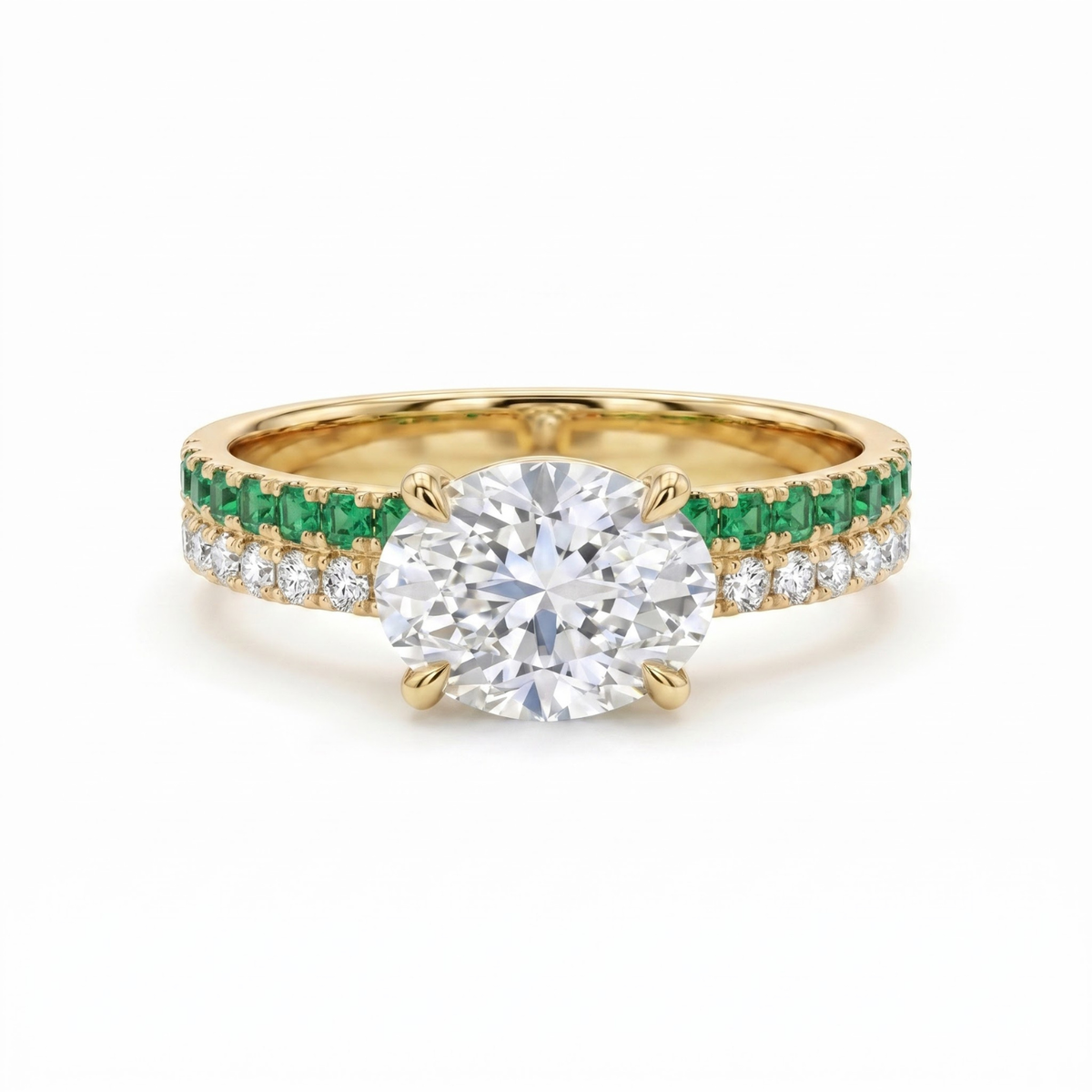 1.27 Cttw Oval Lab Grown Diamond Double Row Pave Band 14k Yellow Gold Engagement Ring