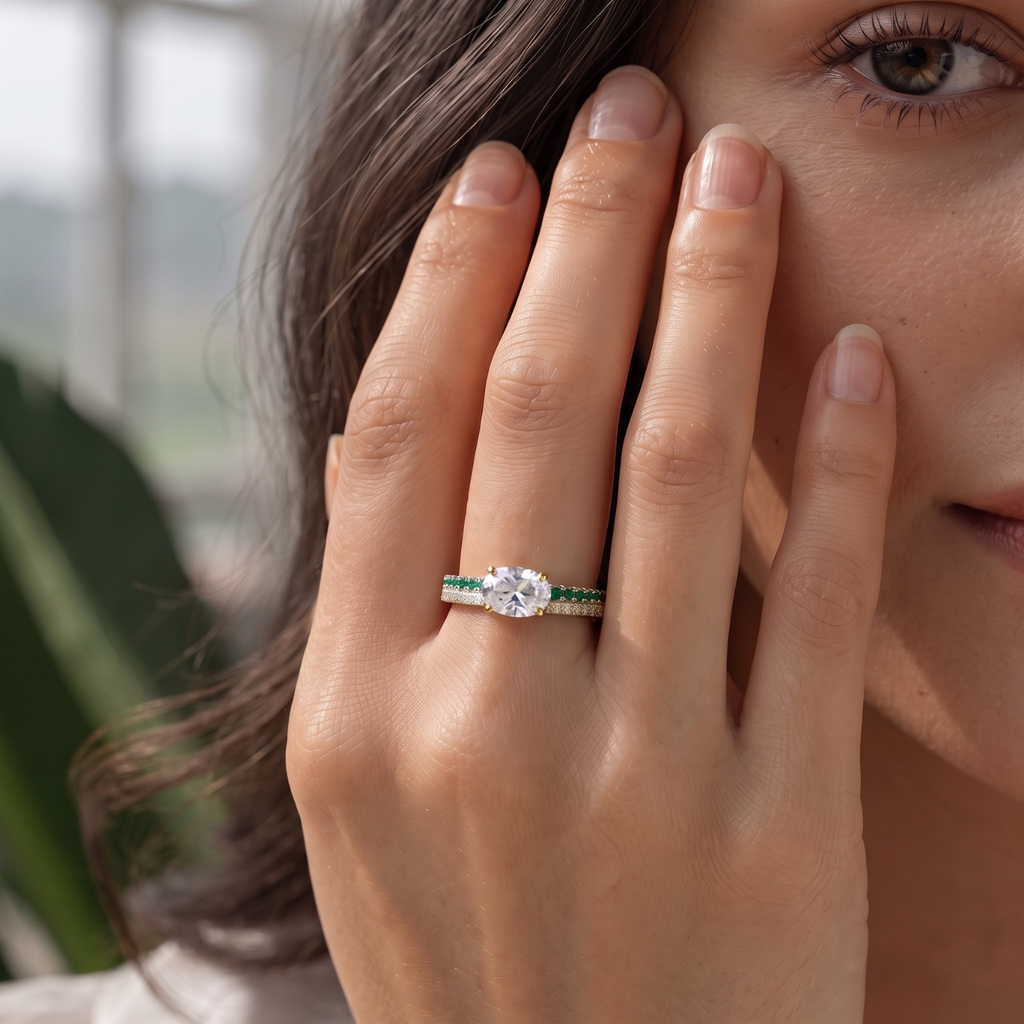 1.27 Cttw Oval Lab Grown Diamond Double Row Pave Band 14k Yellow Gold Engagement Ring