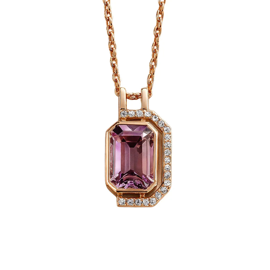 Pink Gold Emerald Cut Amethyst Pendant Necklace