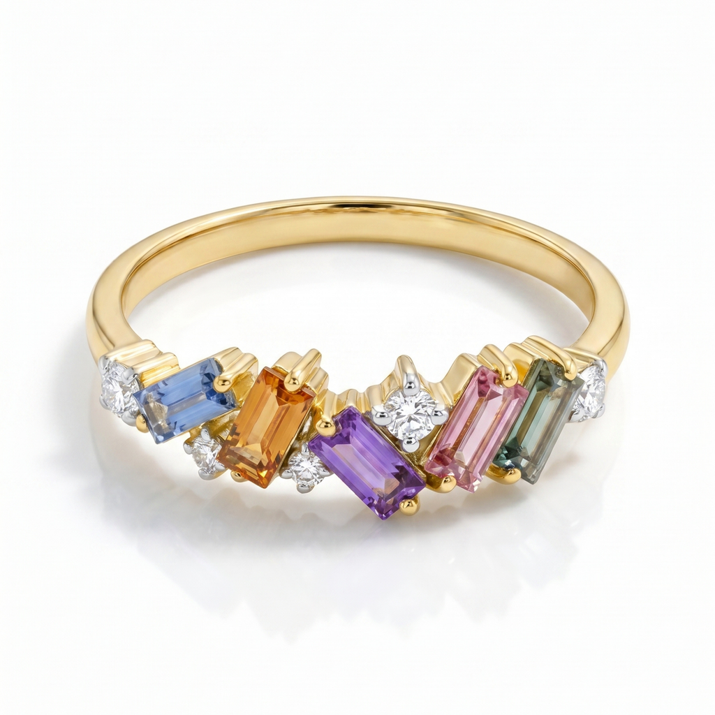 IGI Certified 0.65 Ct Baguette Multi Color Unheated Sapphire and Diamond 14K Yellow Gold Engagement Half Eternitiy Ring