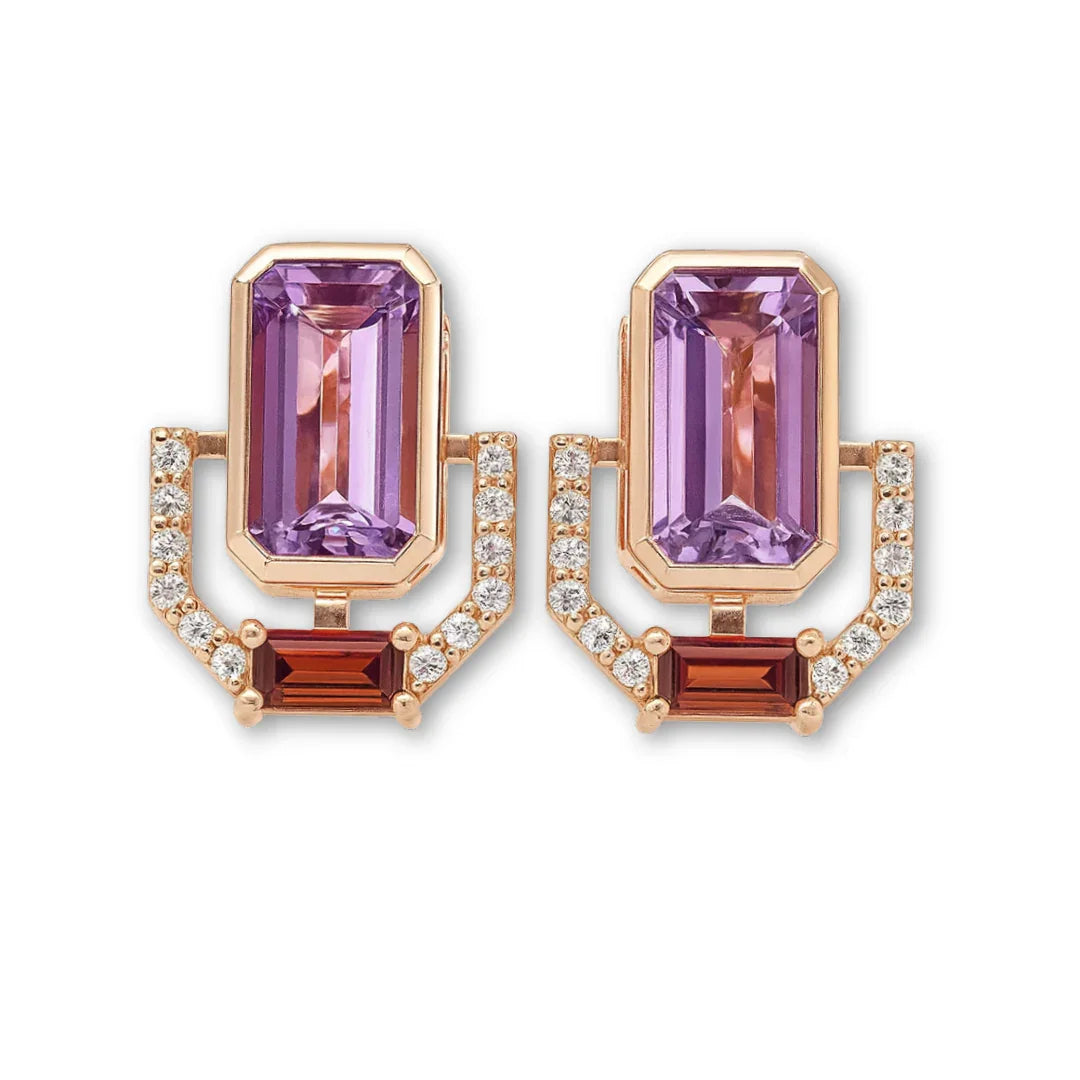 Emerald Cut Purple Amethyst Silver Stud Earrings