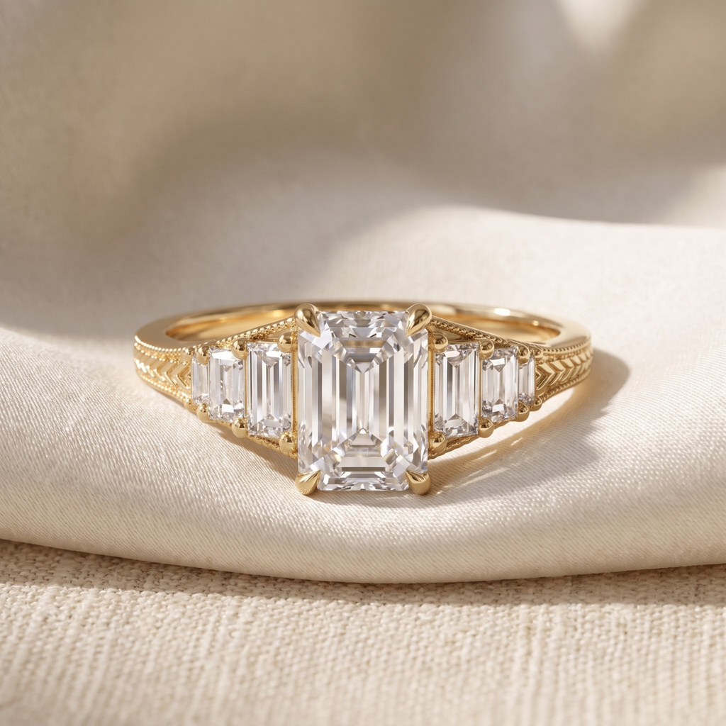 Octagon Sapphire, Emerald, Ruby and Lab Diamond 14K Yellow Gold Tapered Band Engagement Ring