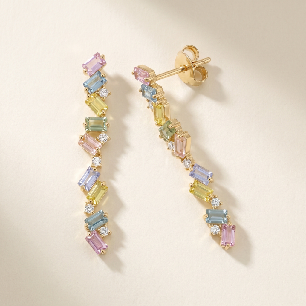 IGI Certified 2 Ct Multi Color Unheated Sapphire and Diamond 14K Yellow Gold Linear Drop Earrings