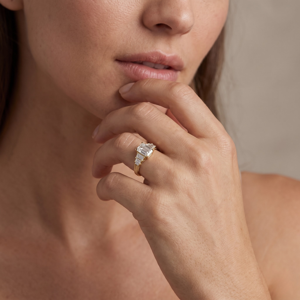 Octagon Sapphire, Emerald, Ruby and Lab Diamond 14K Yellow Gold Tapered Band Engagement Ring