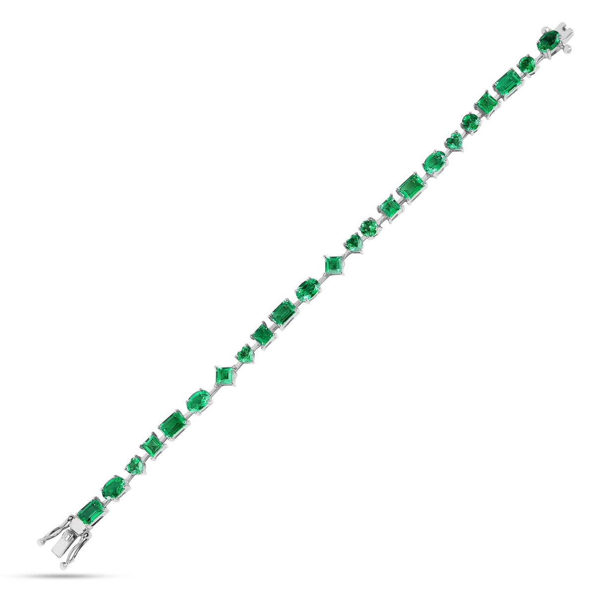 9.29 Ct Multi-Shape Green Created Colombian Emerald Rhodium-Plated Silver Multi-Stone Bracelet