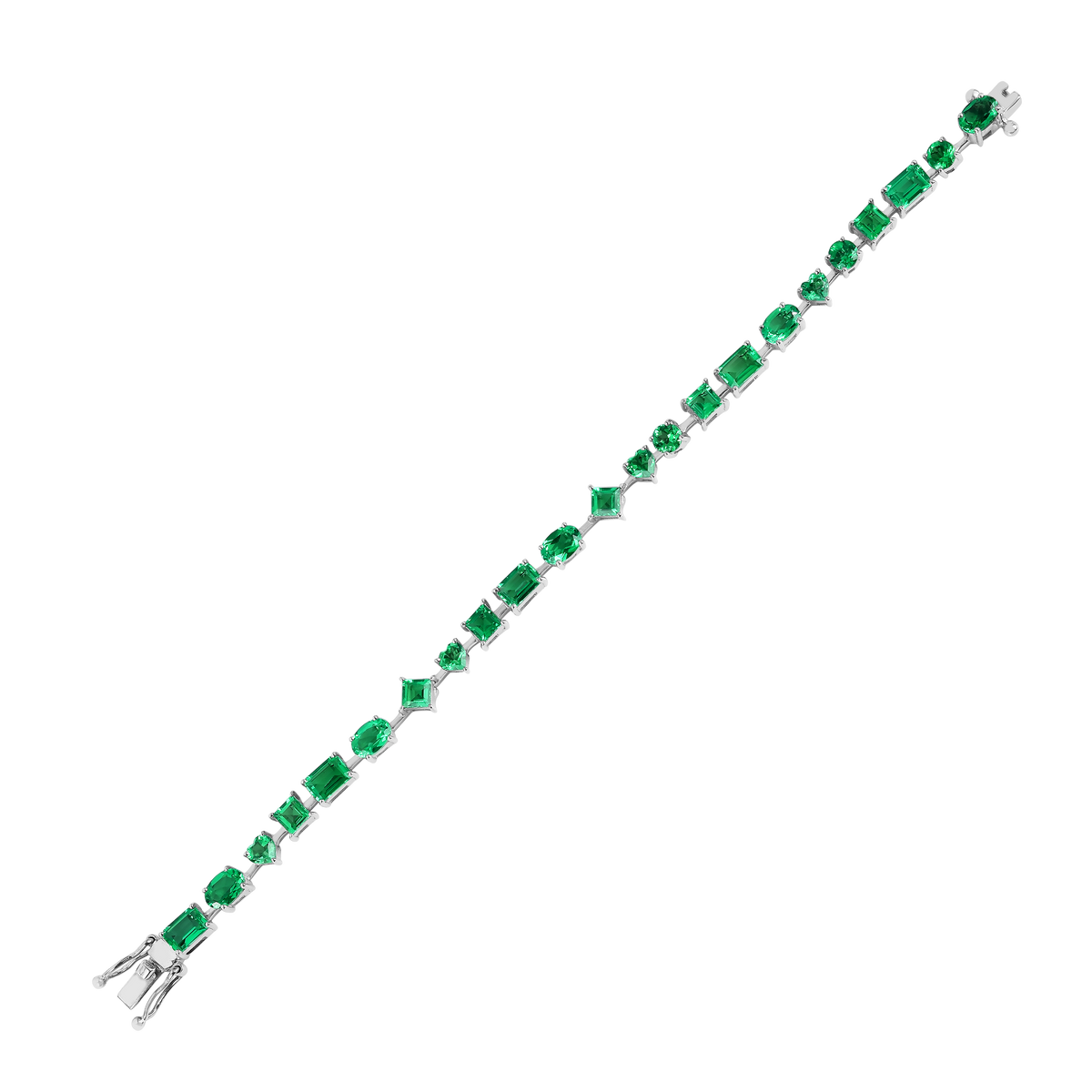 9.29 Ct Multi-Shape Green Created Colombian Emerald Rhodium-Plated Silver Multi-Stone Bracelet