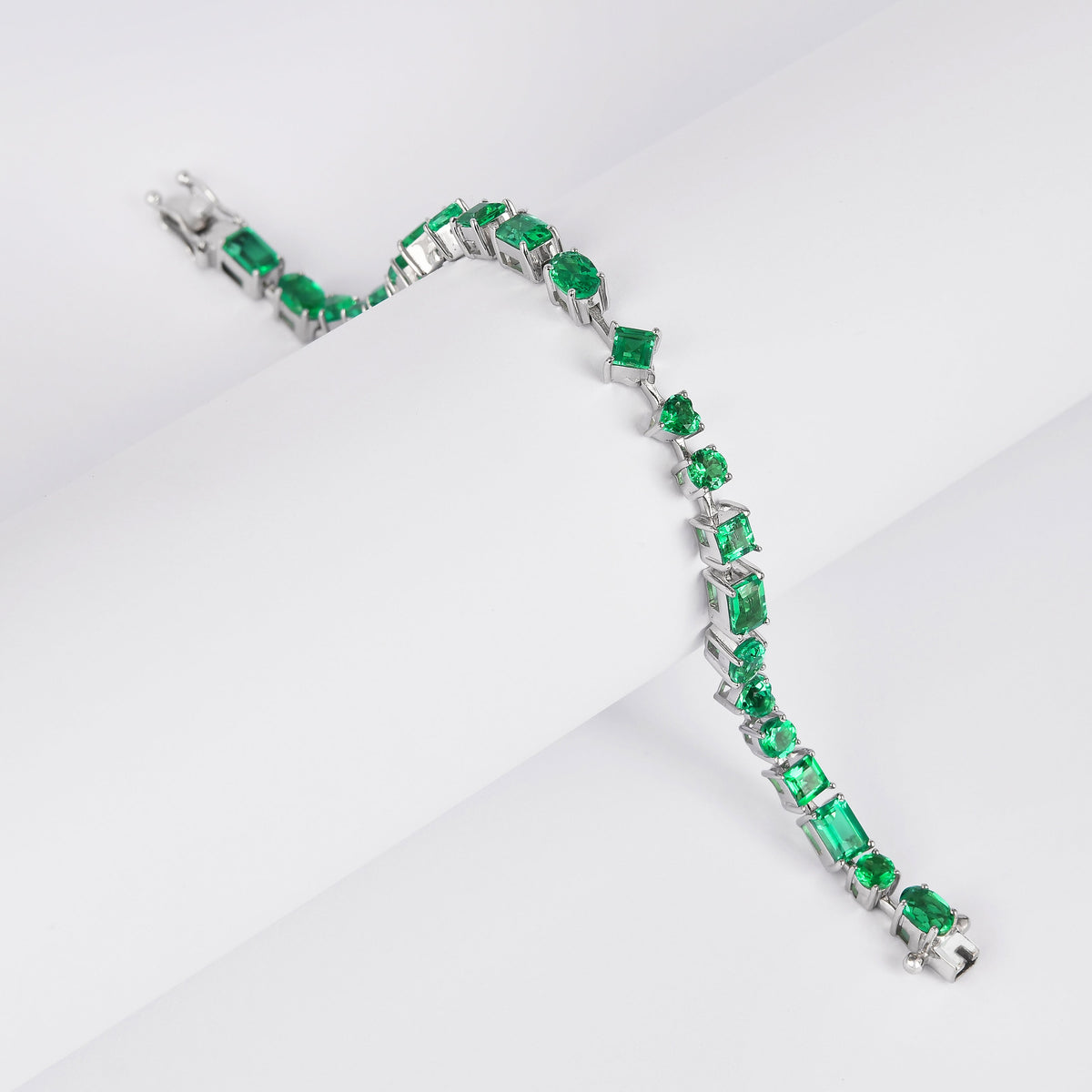 9.29 Ct Multi-Shape Green Created Colombian Emerald Rhodium-Plated Silver Multi-Stone Bracelet