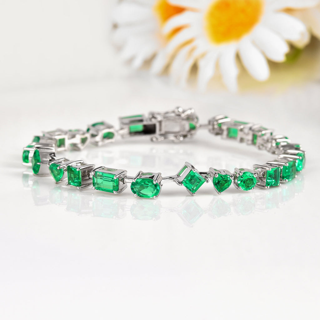 9.29 Ct Multi-Shape Green Created Colombian Emerald Rhodium-Plated Silver Multi-Stone Bracelet