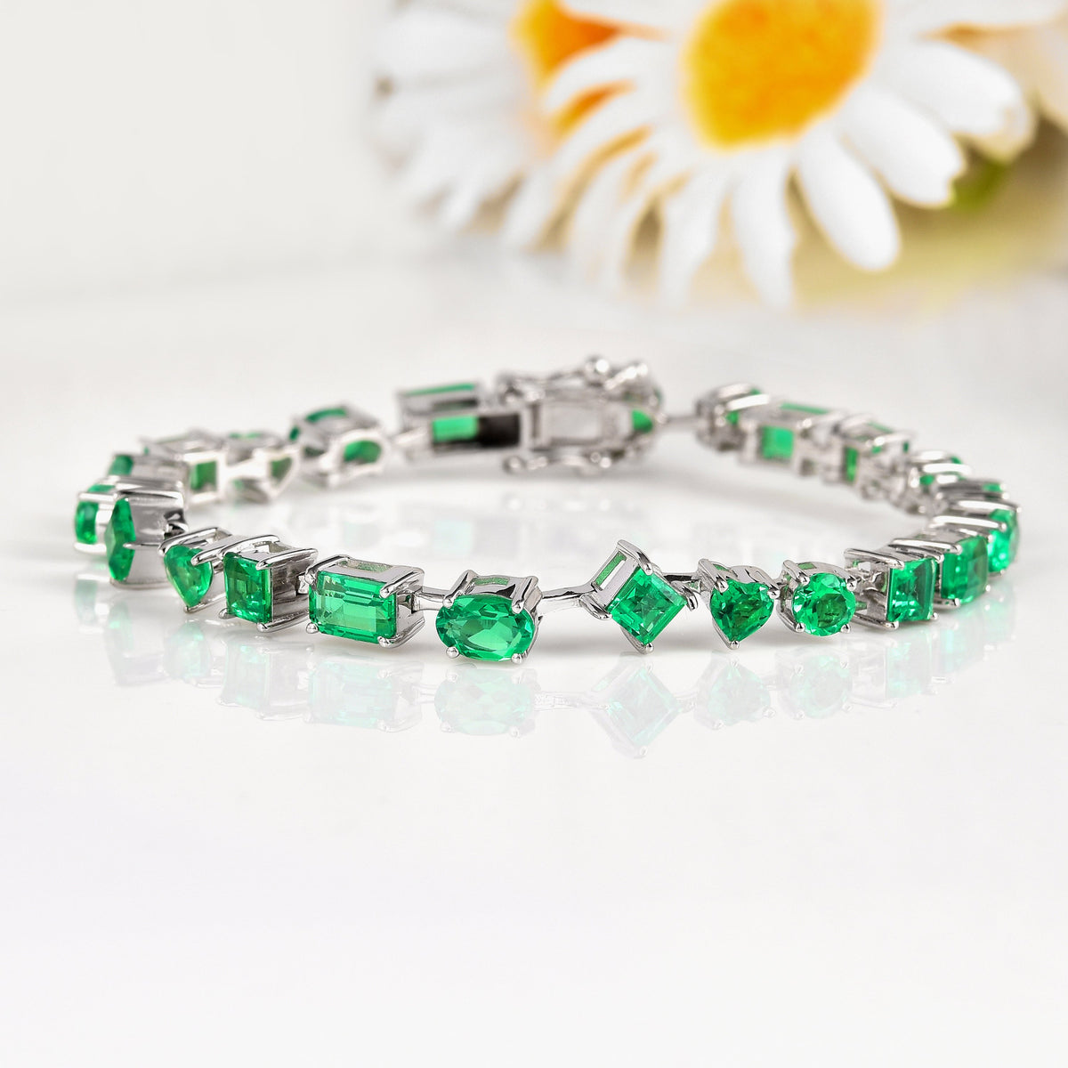 9.29 Ct Multi-Shape Green Created Colombian Emerald Rhodium-Plated Silver Multi-Stone Bracelet