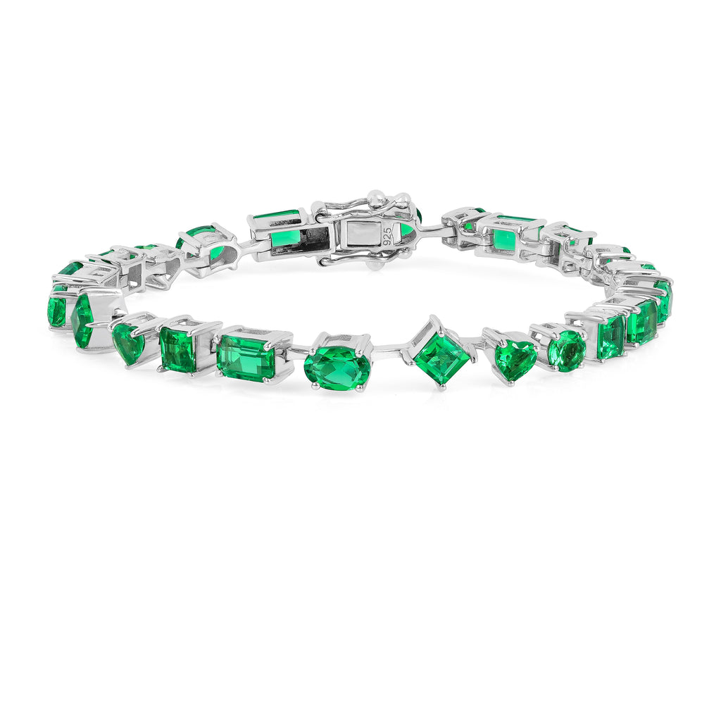9.29 Ct Multi-Shape Green Created Colombian Emerald Rhodium-Plated Silver Multi-Stone Bracelet