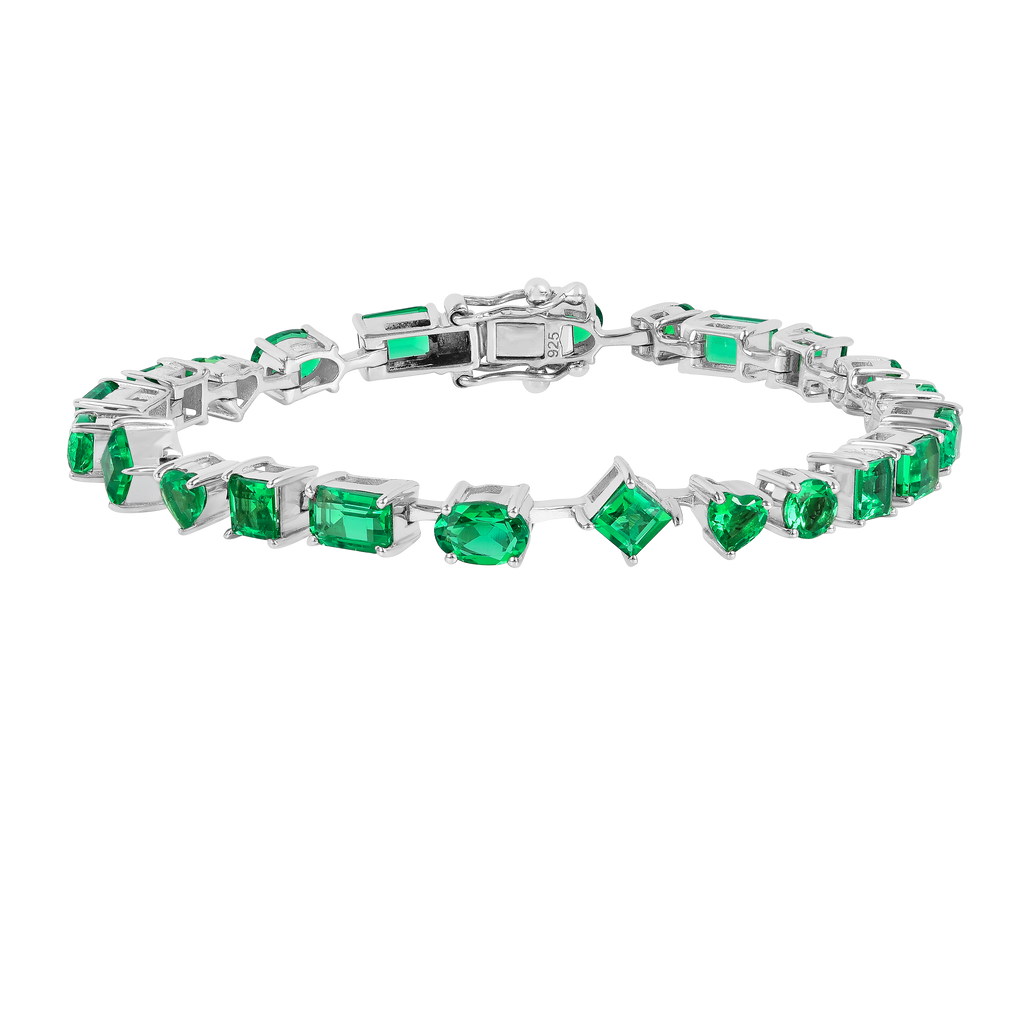 9.29 Ct Multi-Shape Green Created Colombian Emerald Rhodium-Plated Silver Multi-Stone Bracelet