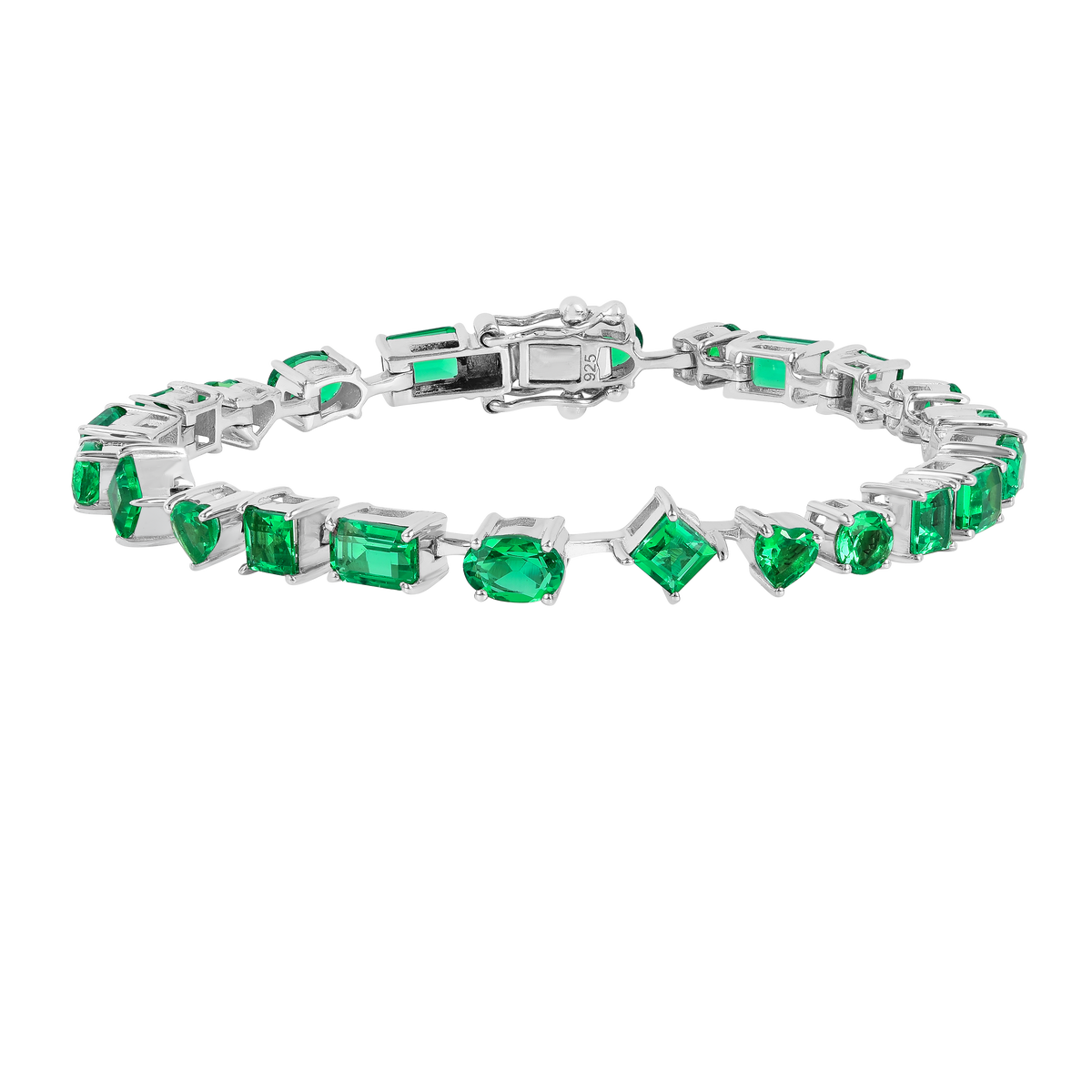 9.29 Ct Multi-Shape Green Created Colombian Emerald Rhodium-Plated Silver Multi-Stone Bracelet