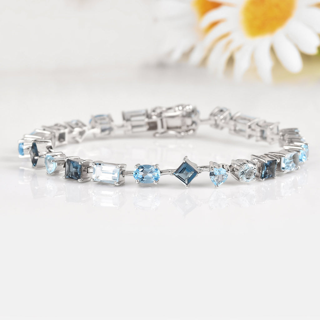 9.53 Ct Multi-Shape Blue Topaz Rhodium-Plated Silver Multi-Stone Bracelet
