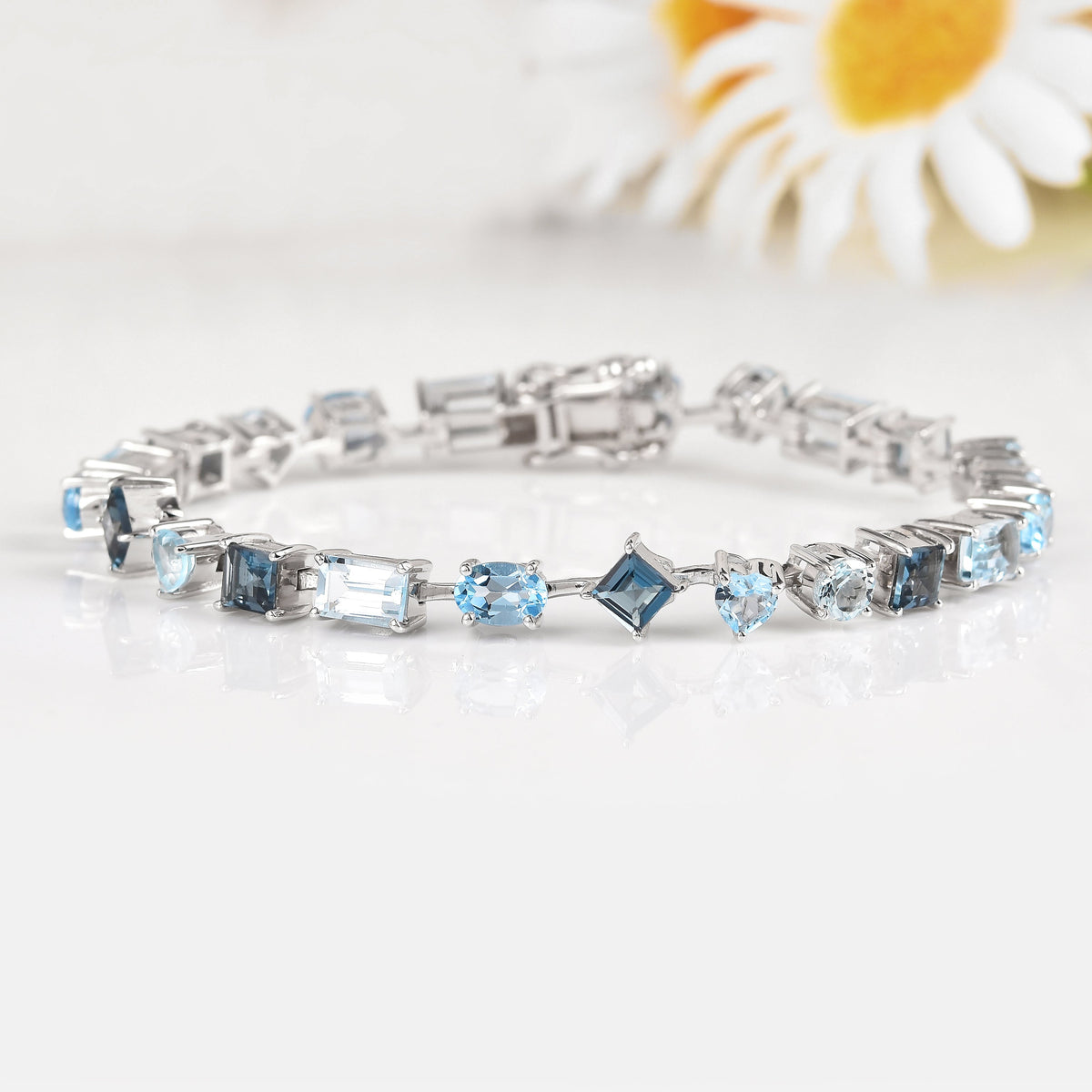 9.53 Ct Multi-Shape Blue Topaz Rhodium-Plated Silver Multi-Stone Bracelet
