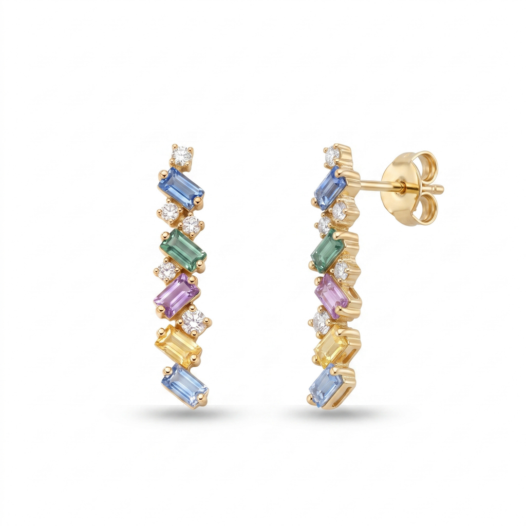 IGI Certified 0.97 Ct Multi Color Unheated Sapphire and Diamond 14K Yellow Gold Zigzag Drop Earrings