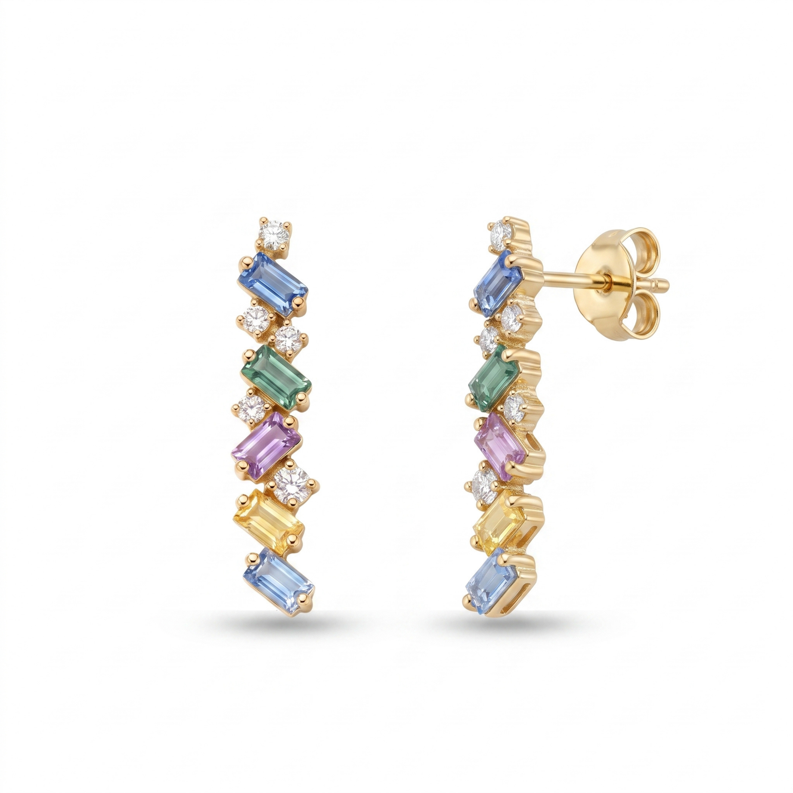 IGI Certified 0.97 Ct Multi Color Unheated Sapphire and Diamond 14K Yellow Gold Zigzag Drop Earrings
