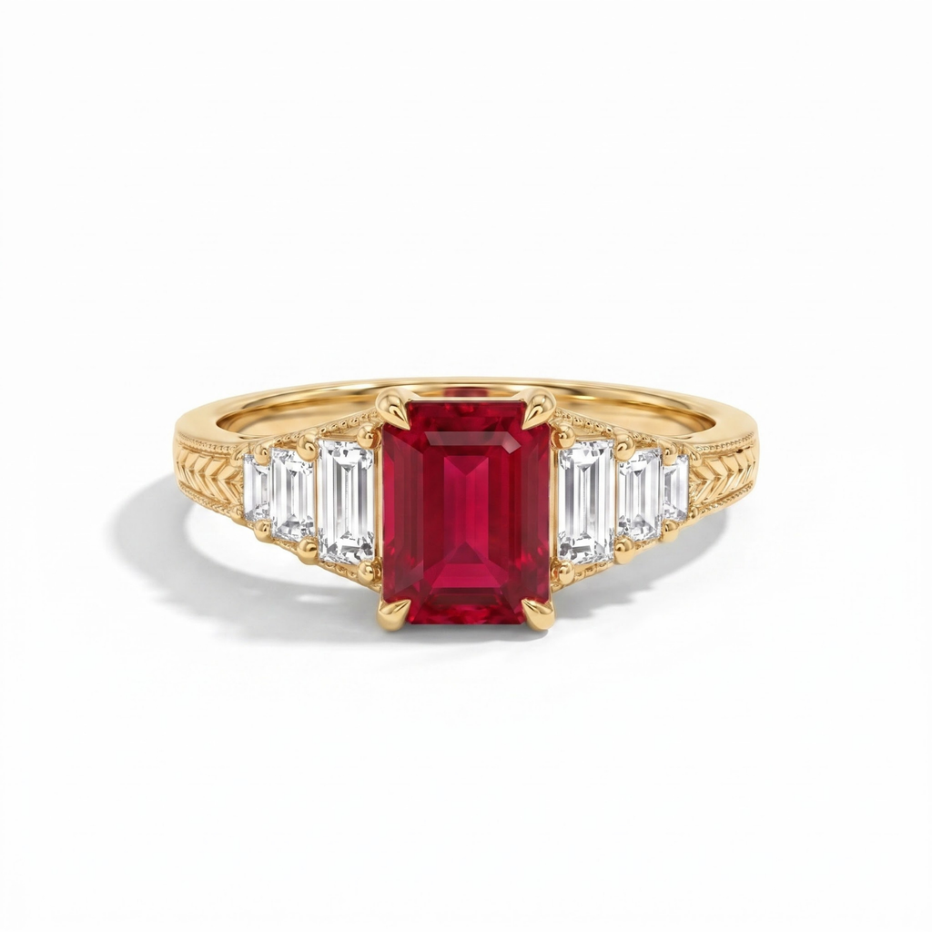 Octagon Sapphire, Emerald, Ruby and Lab Diamond 14K Yellow Gold Tapered Band Engagement Ring