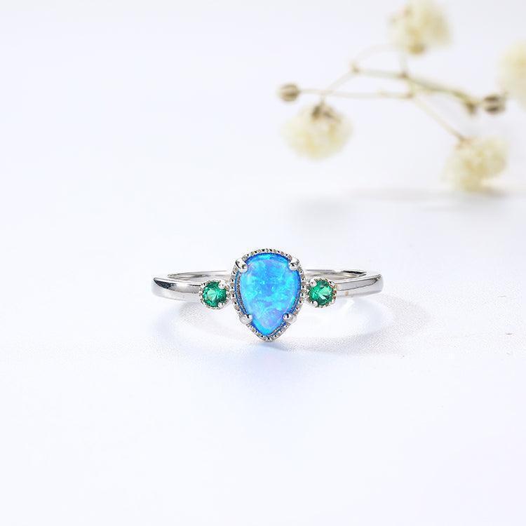 Lab Grown Blue Opal Teardrop Ring Emerald Accents Promise Ring Sterling Silver Ring Gift For Women - FineColorJewels