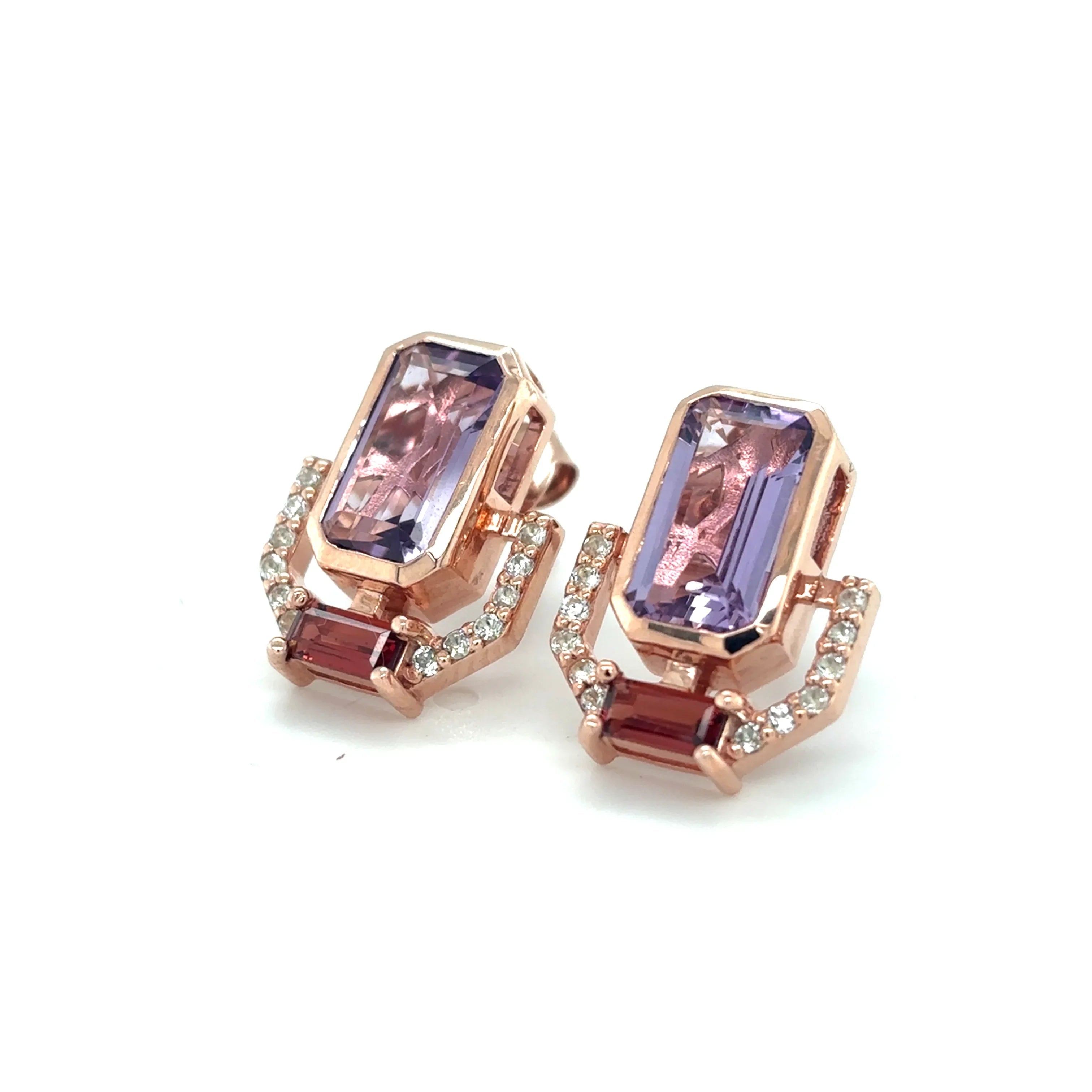 Emerald Cut Purple Amethyst Silver Stud Earrings
