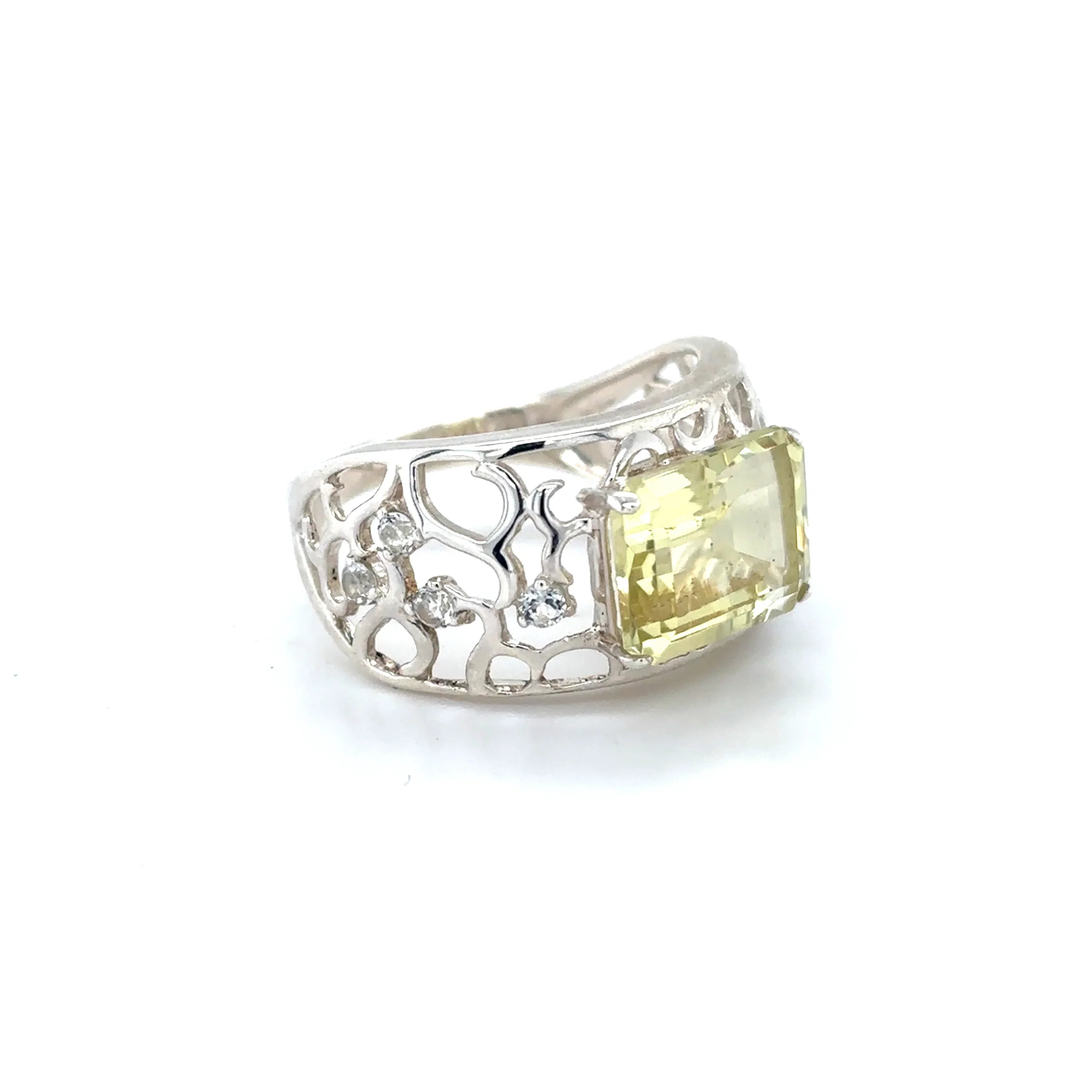 Emerald Cut Lemon Quartz Silver Filigree Ring