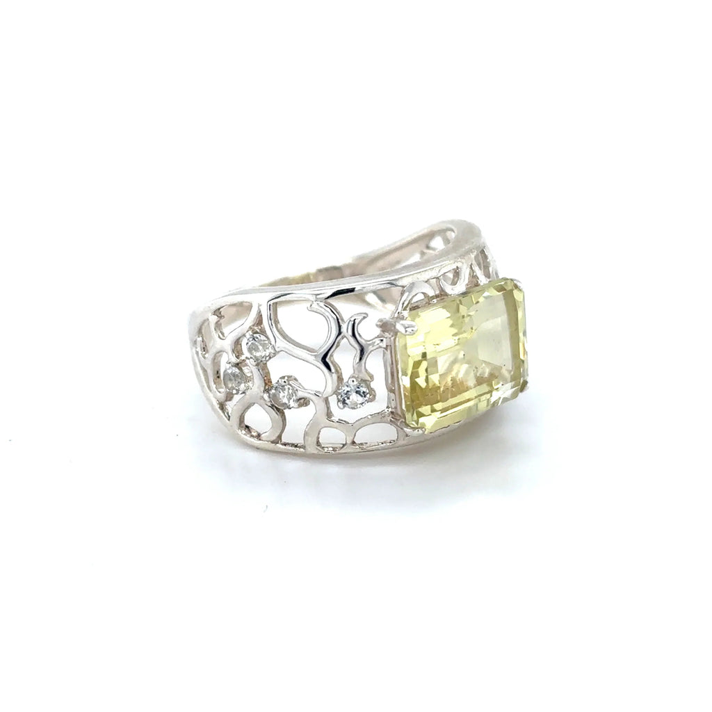 Emerald Cut Lemon Quartz Silver Filigree Ring