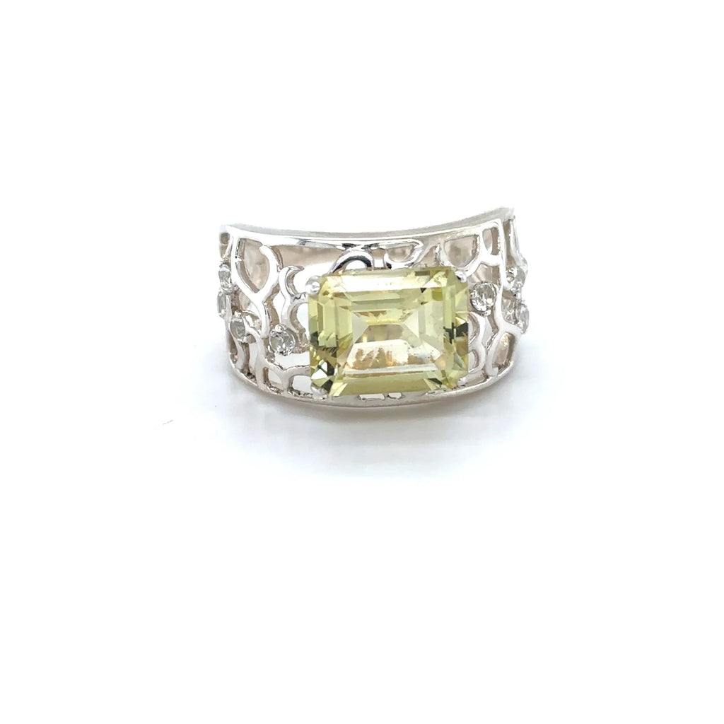 Emerald Cut Lemon Quartz Silver Filigree Ring