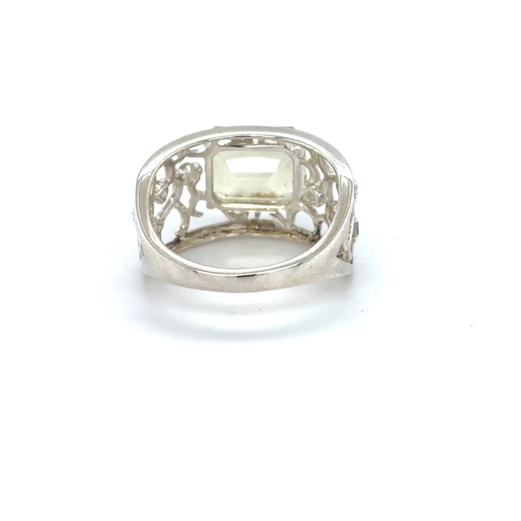 Emerald Cut Lemon Quartz Silver Filigree Ring