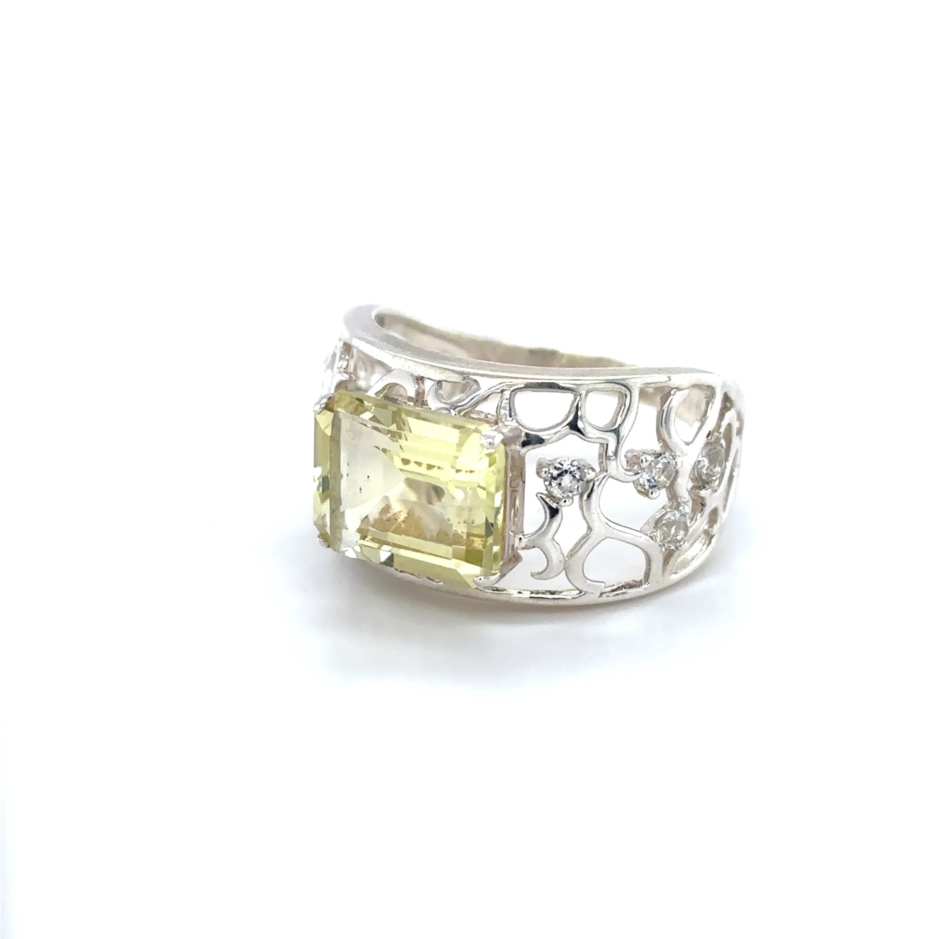 Emerald Cut Lemon Quartz Silver Filigree Ring