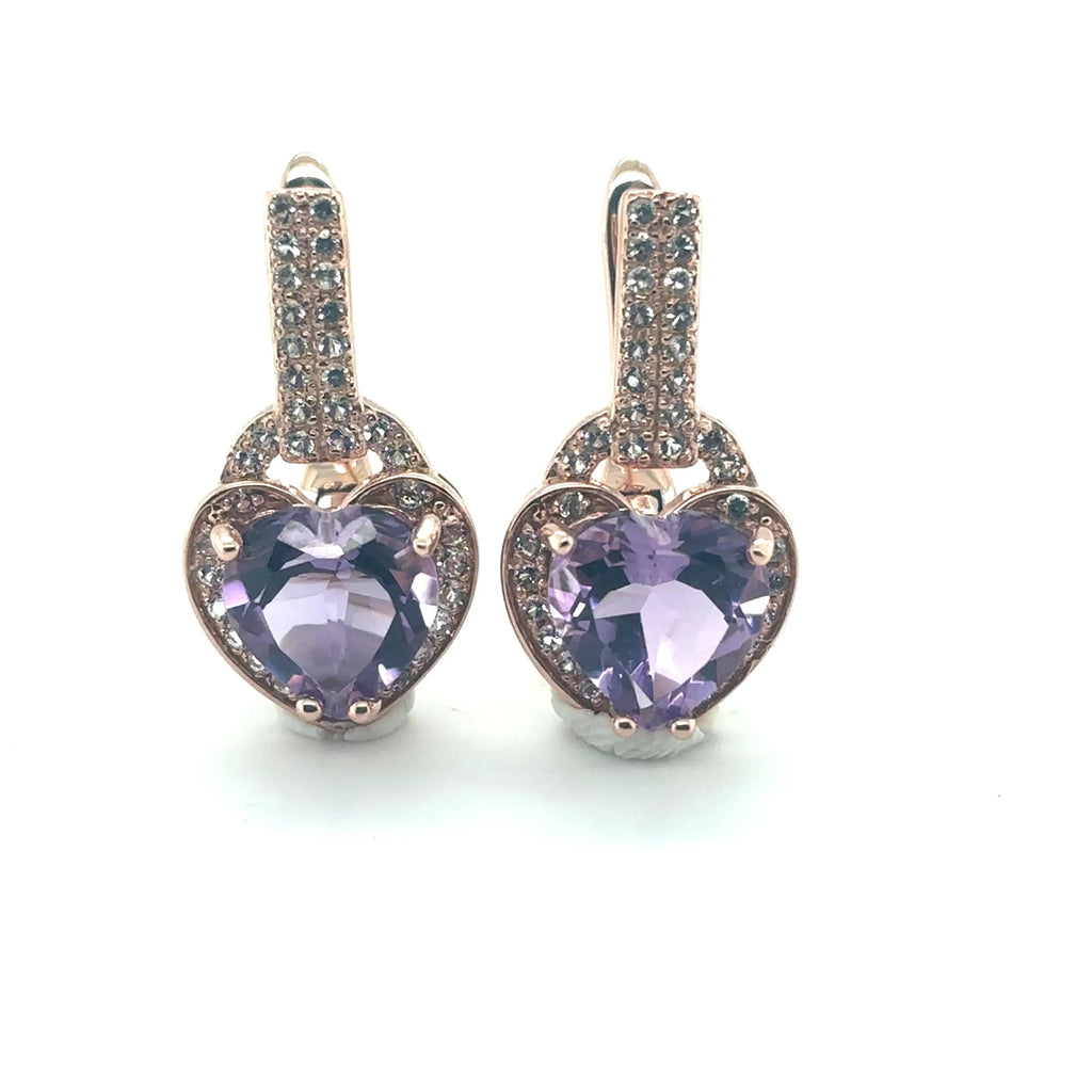 Natural Amethyst Heart Leverback Silver Drop Earrings