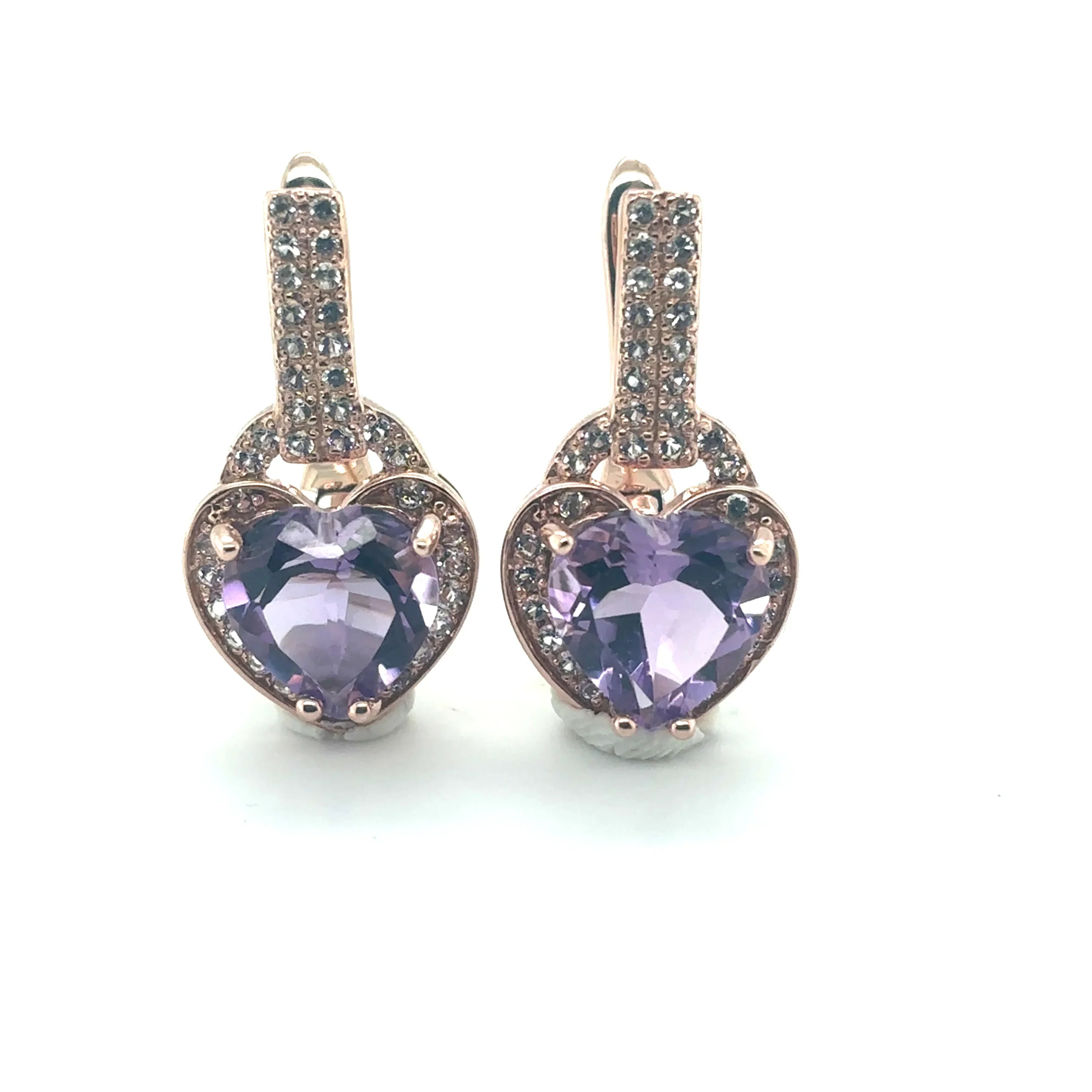 Natural Amethyst Heart Leverback Silver Drop Earrings