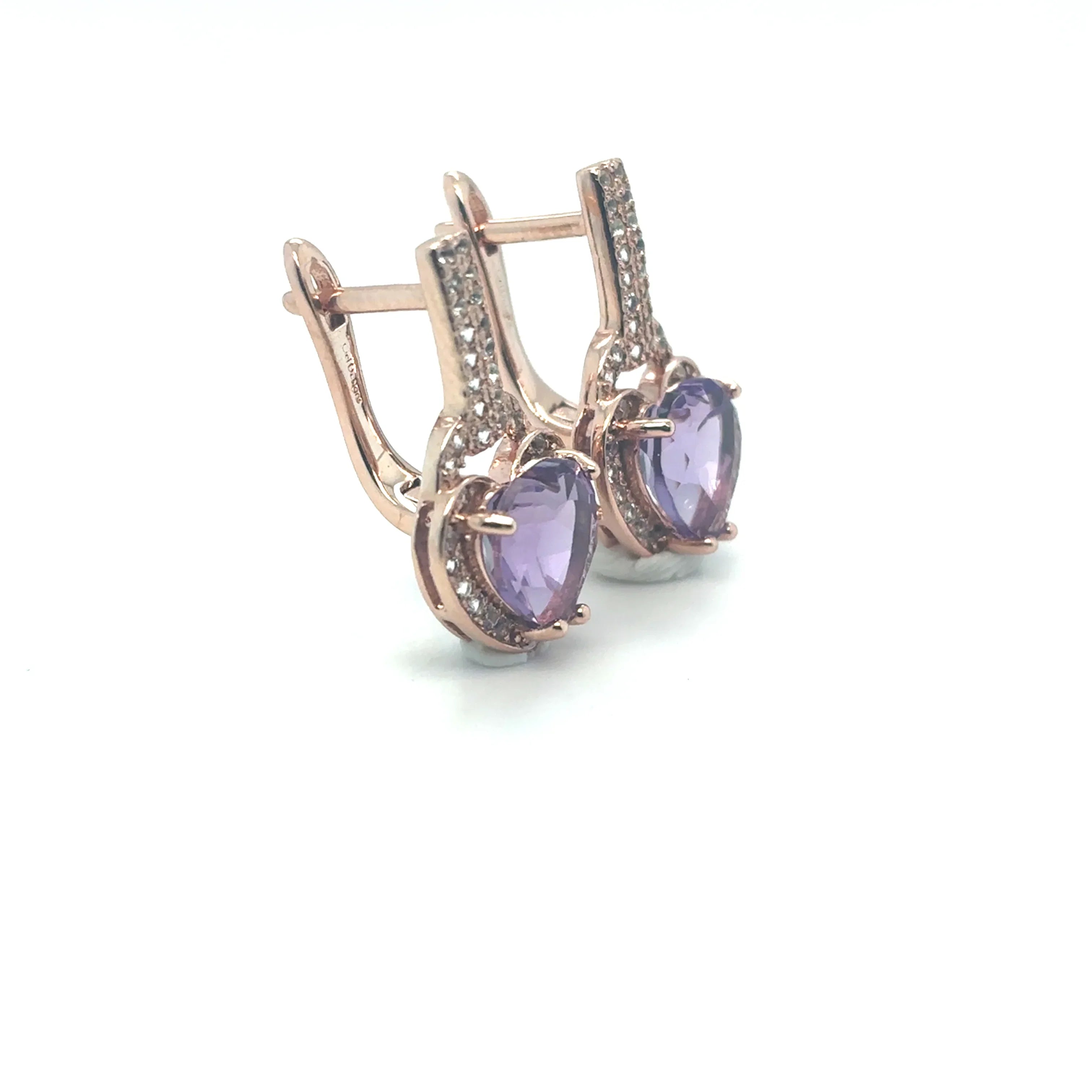 Natural Amethyst Heart Leverback Silver Drop Earrings