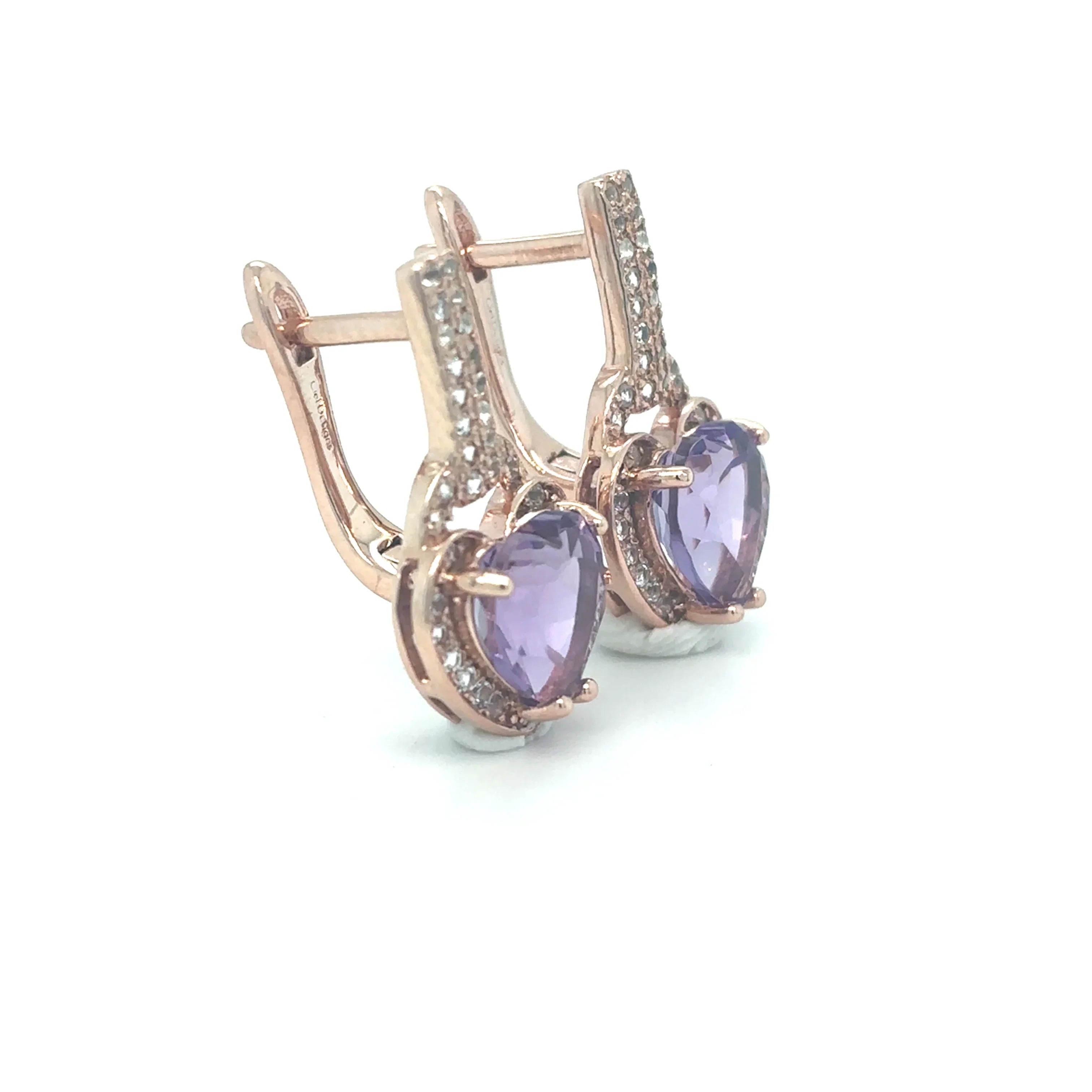 Natural Amethyst Heart Leverback Silver Drop Earrings