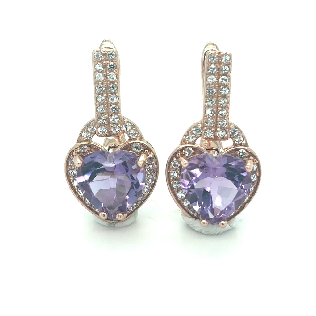 Natural Amethyst Heart Leverback Silver Drop Earrings