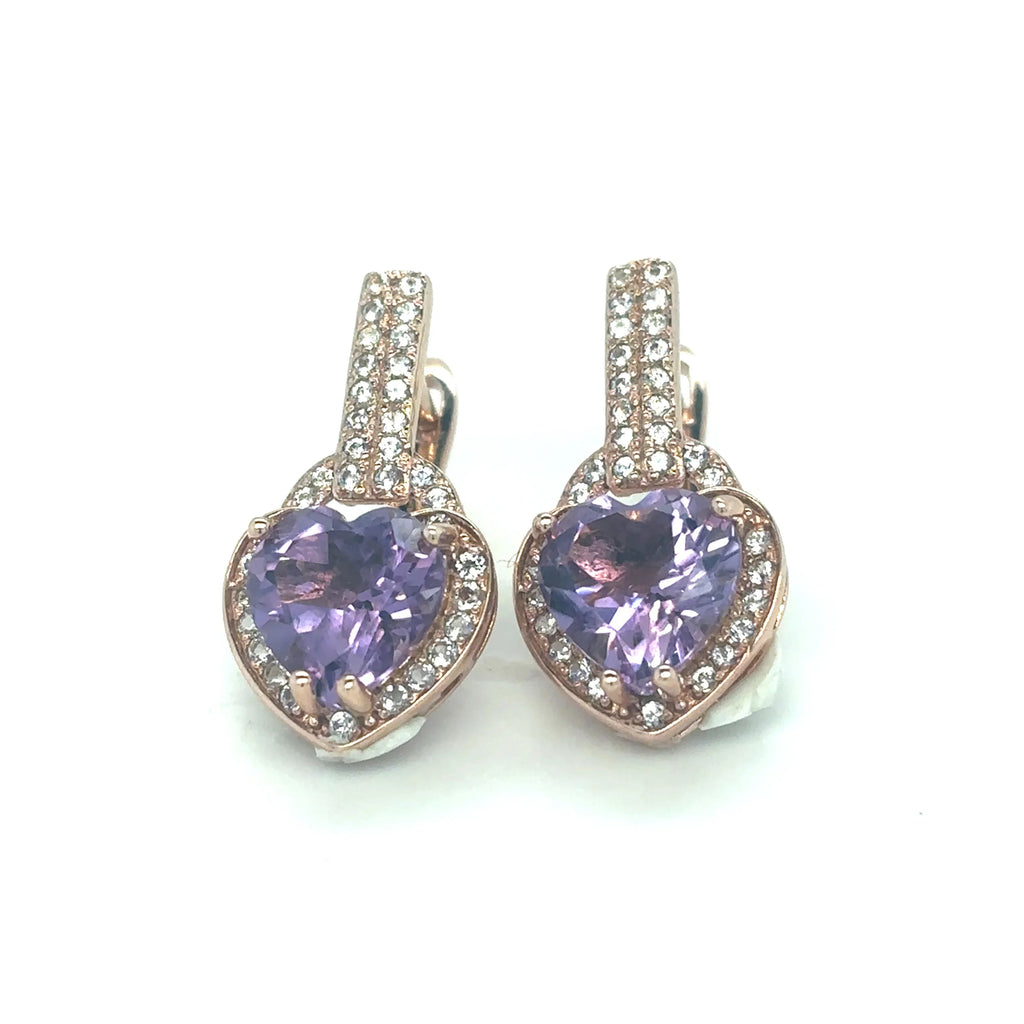 Natural Amethyst Heart Leverback Silver Drop Earrings