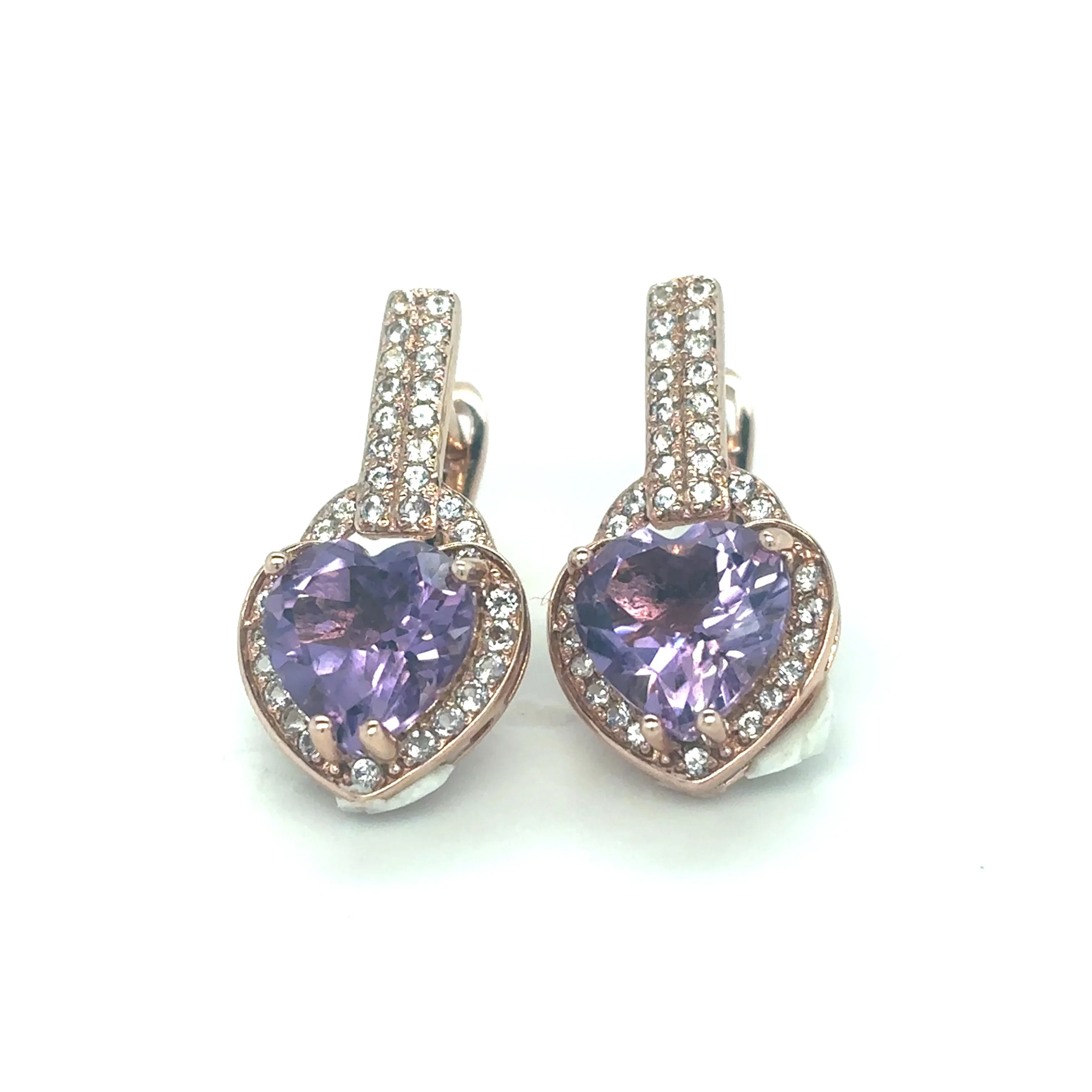 Natural Amethyst Heart Leverback Silver Drop Earrings