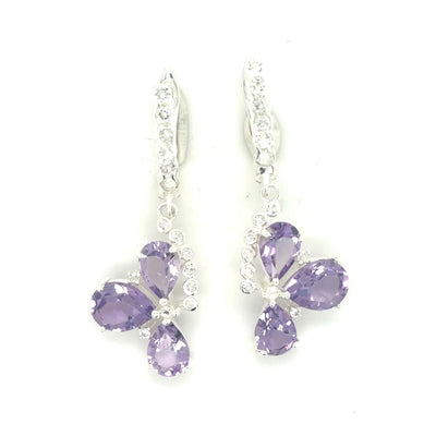 Natural Amethyst Three Stone Silver Dangle Earrings