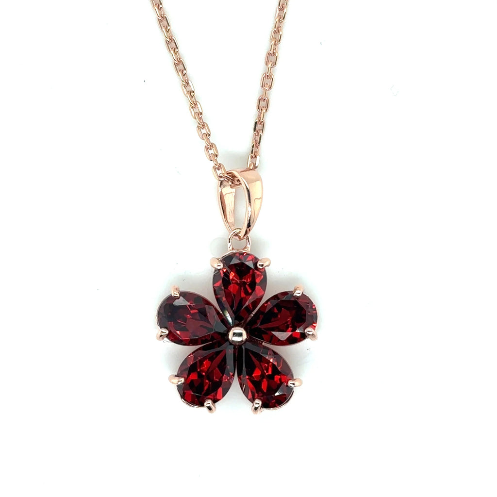 Natural Garnet Floral Pendant Necklace Silver