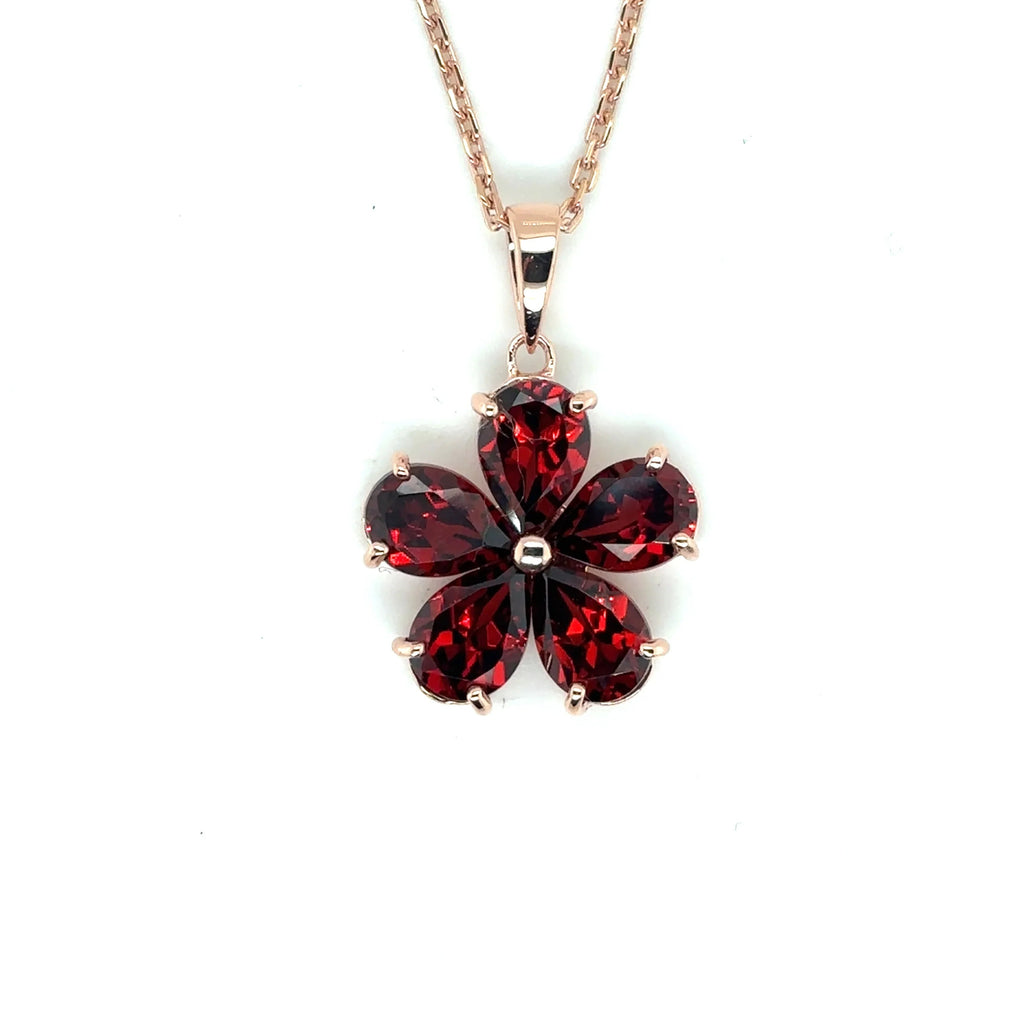 Natural Garnet Floral Pendant Necklace Silver