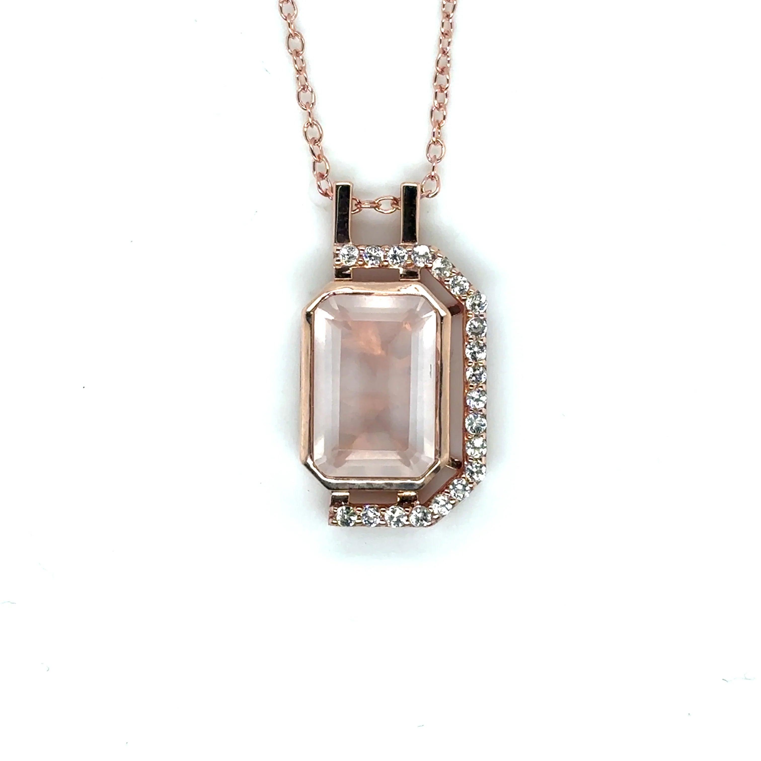 Pink Gold Rose Quartz Emerald Cut Pendant Necklace