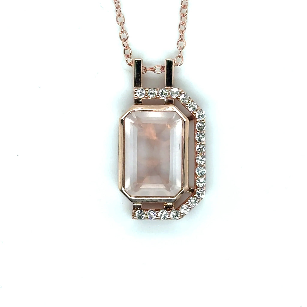 Pink Gold Rose Quartz Emerald Cut Pendant Necklace
