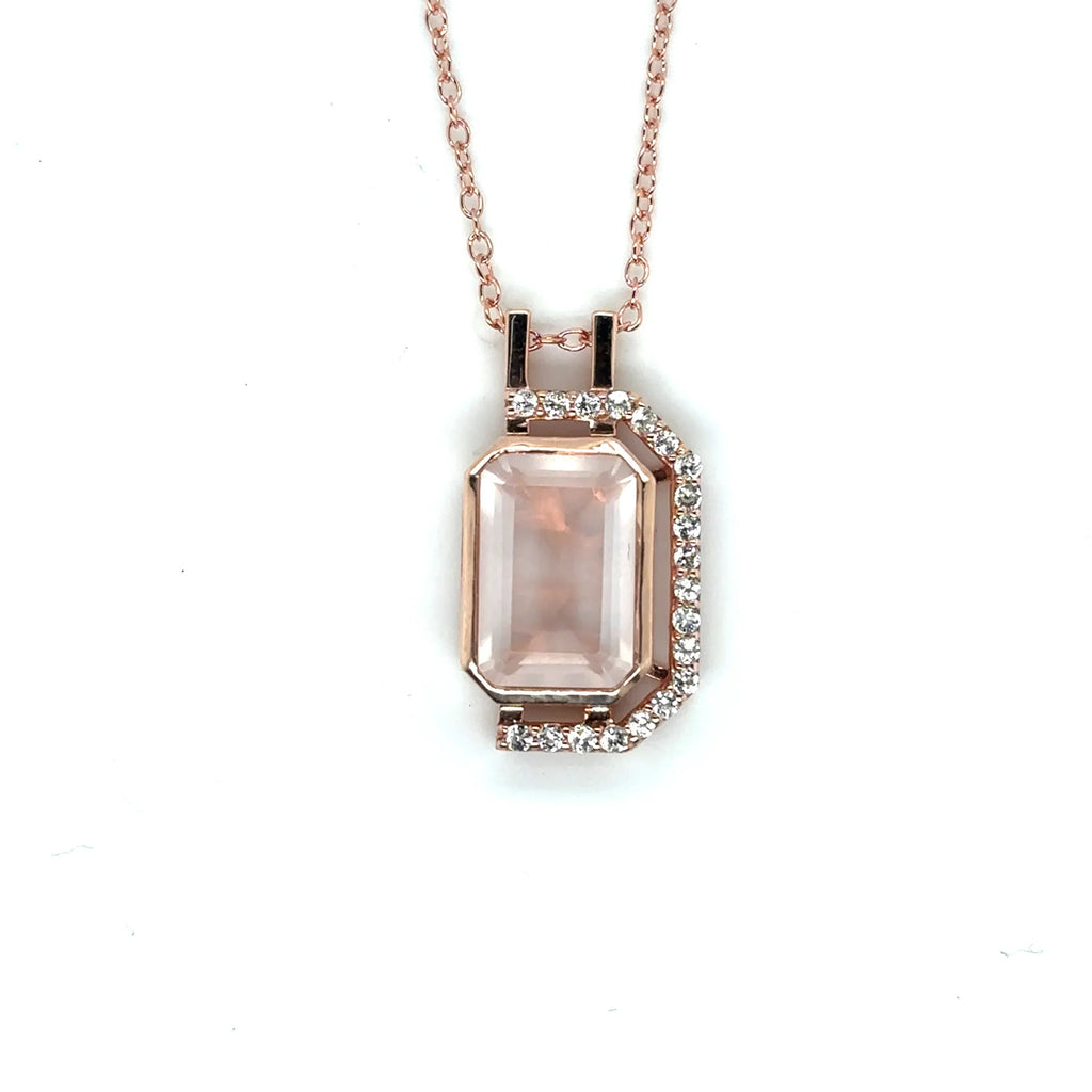 Pink Gold Rose Quartz Emerald Cut Pendant Necklace