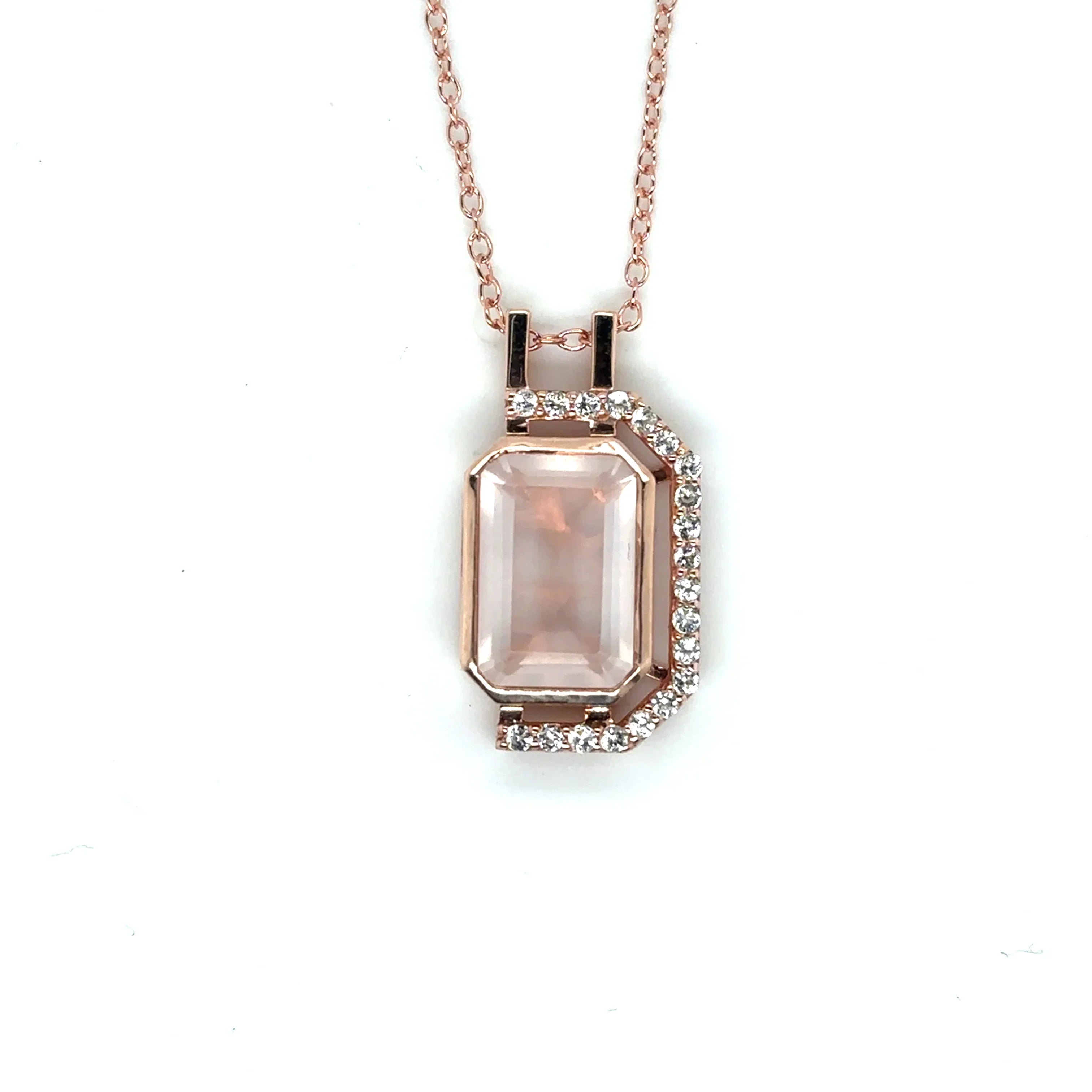 Pink Gold Rose Quartz Emerald Cut Pendant Necklace