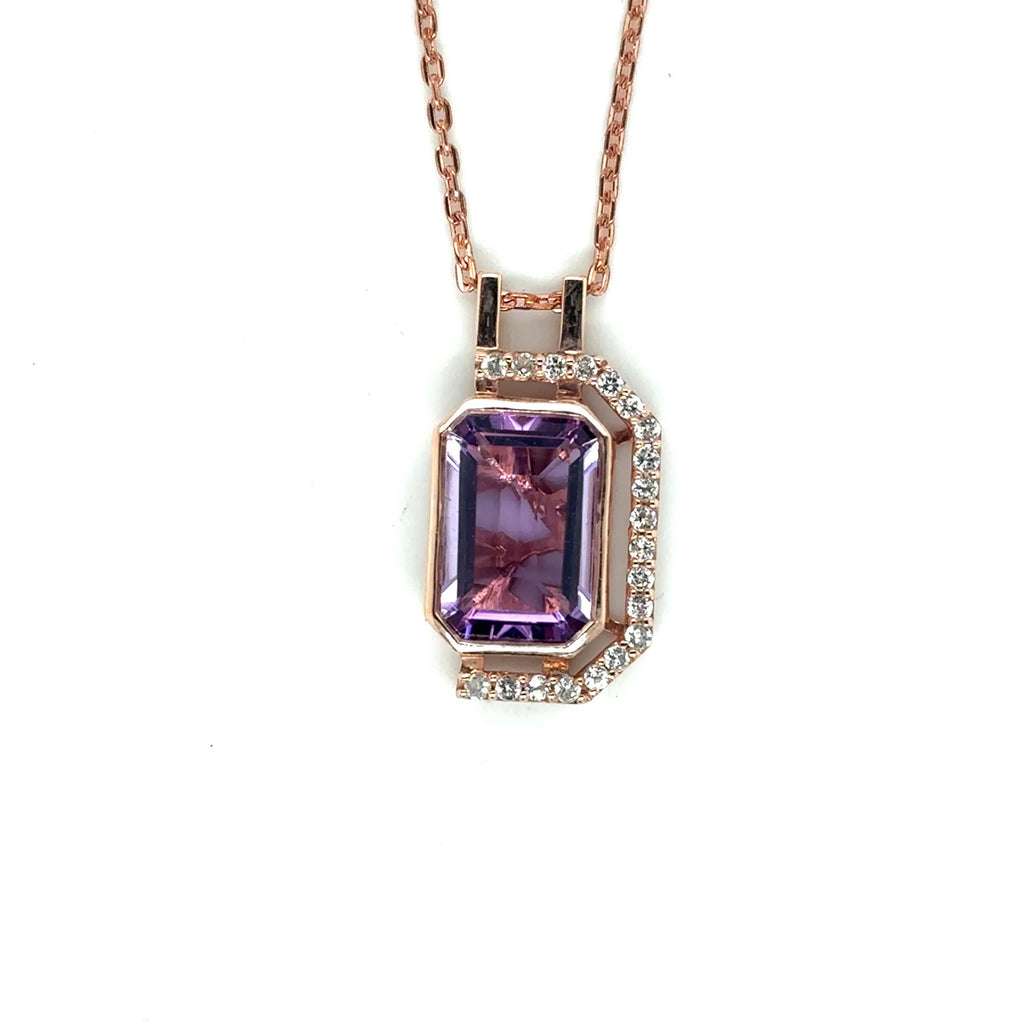 Pink Gold Emerald Cut Amethyst Pendant Necklace