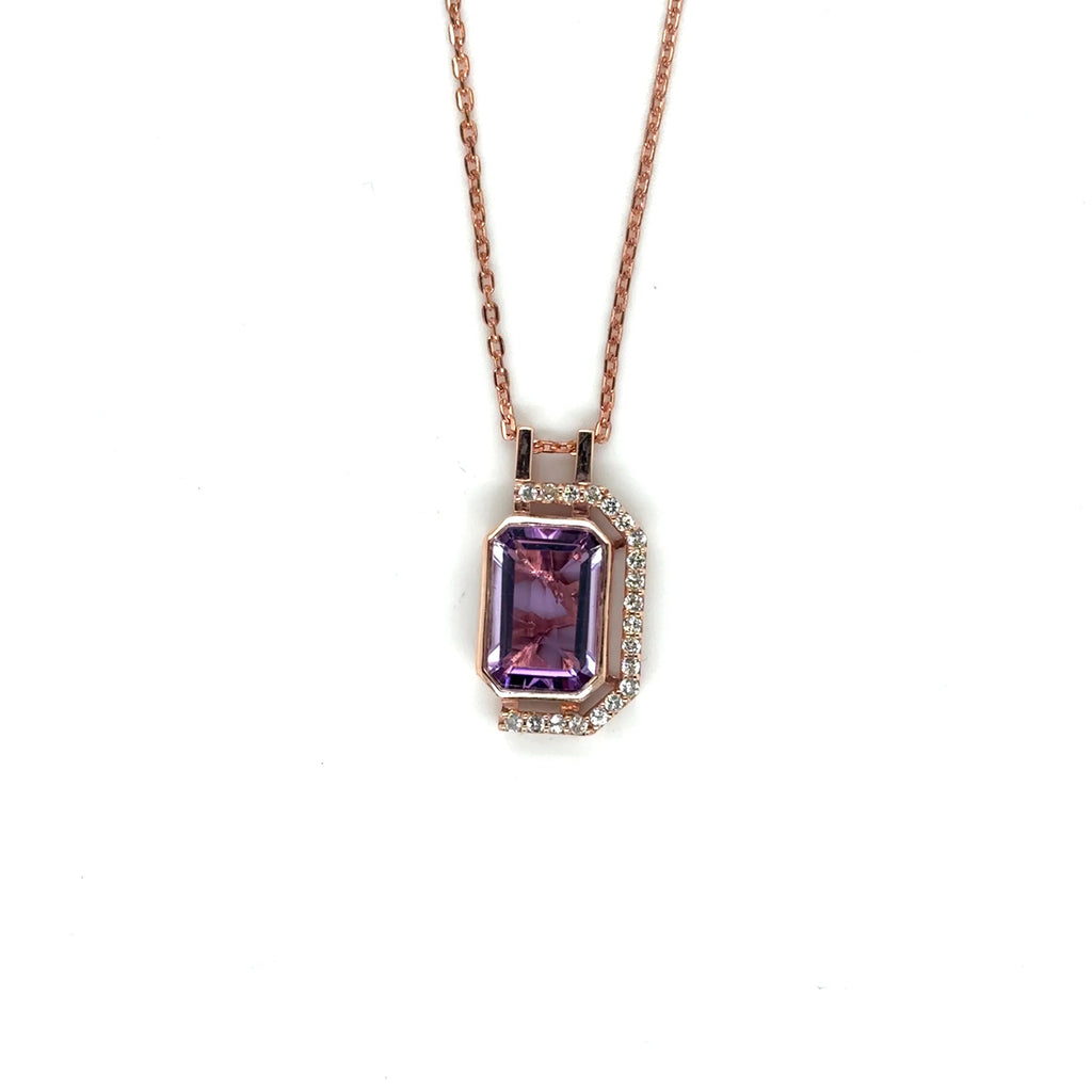 Pink Gold Emerald Cut Amethyst Pendant Necklace