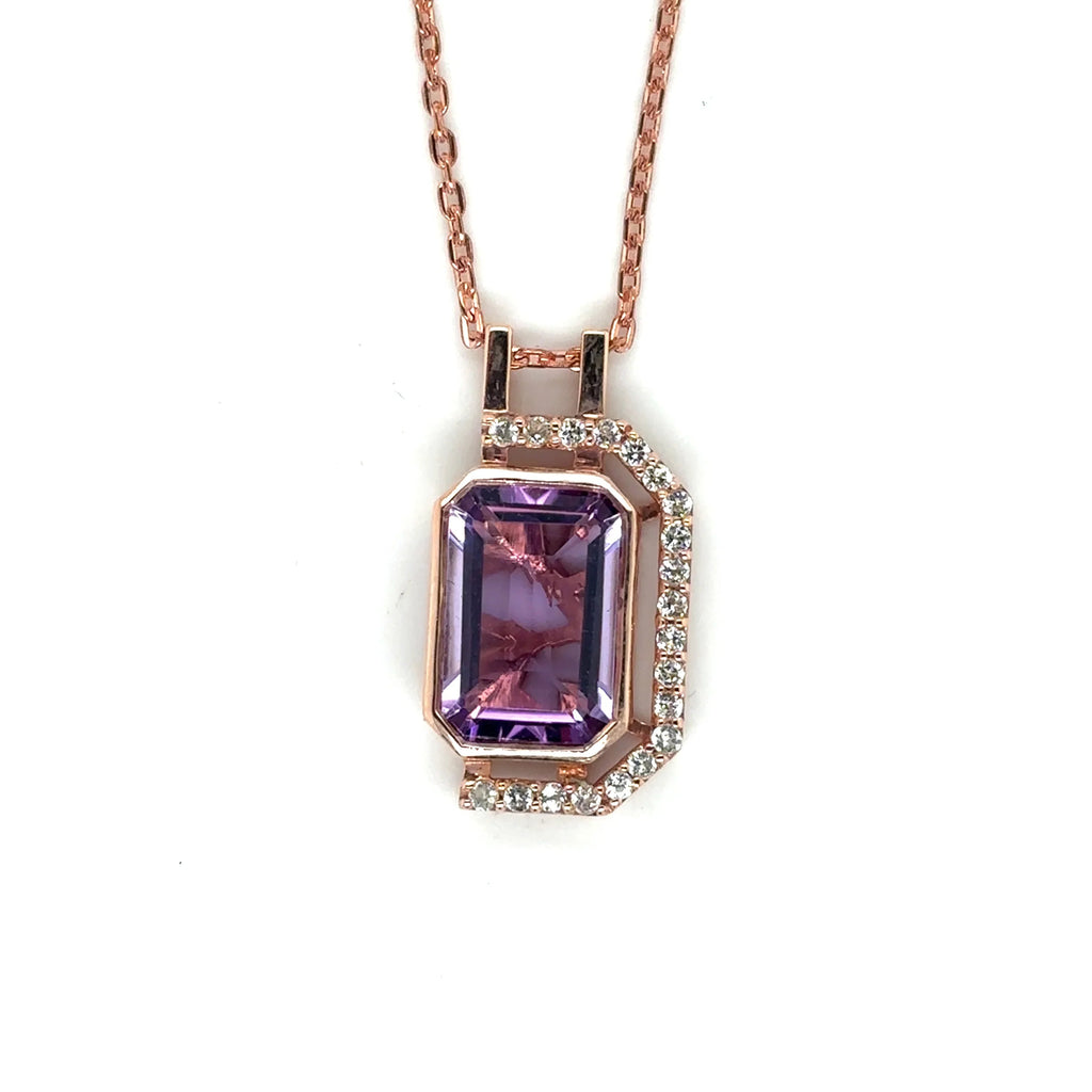 Pink Gold Emerald Cut Amethyst Pendant Necklace