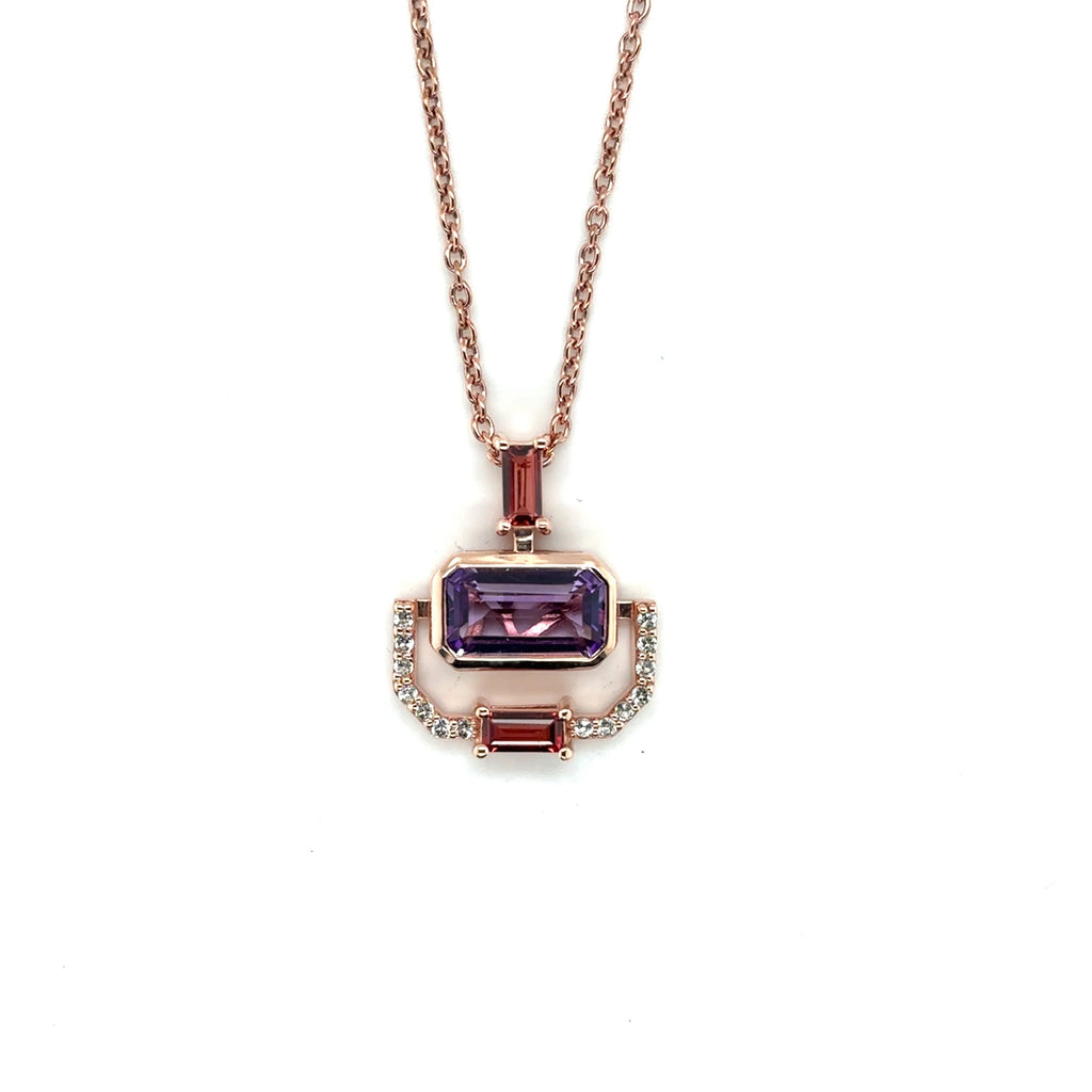 Rose Gold Emerald Cut Natural Amethyst Pendant Necklace
