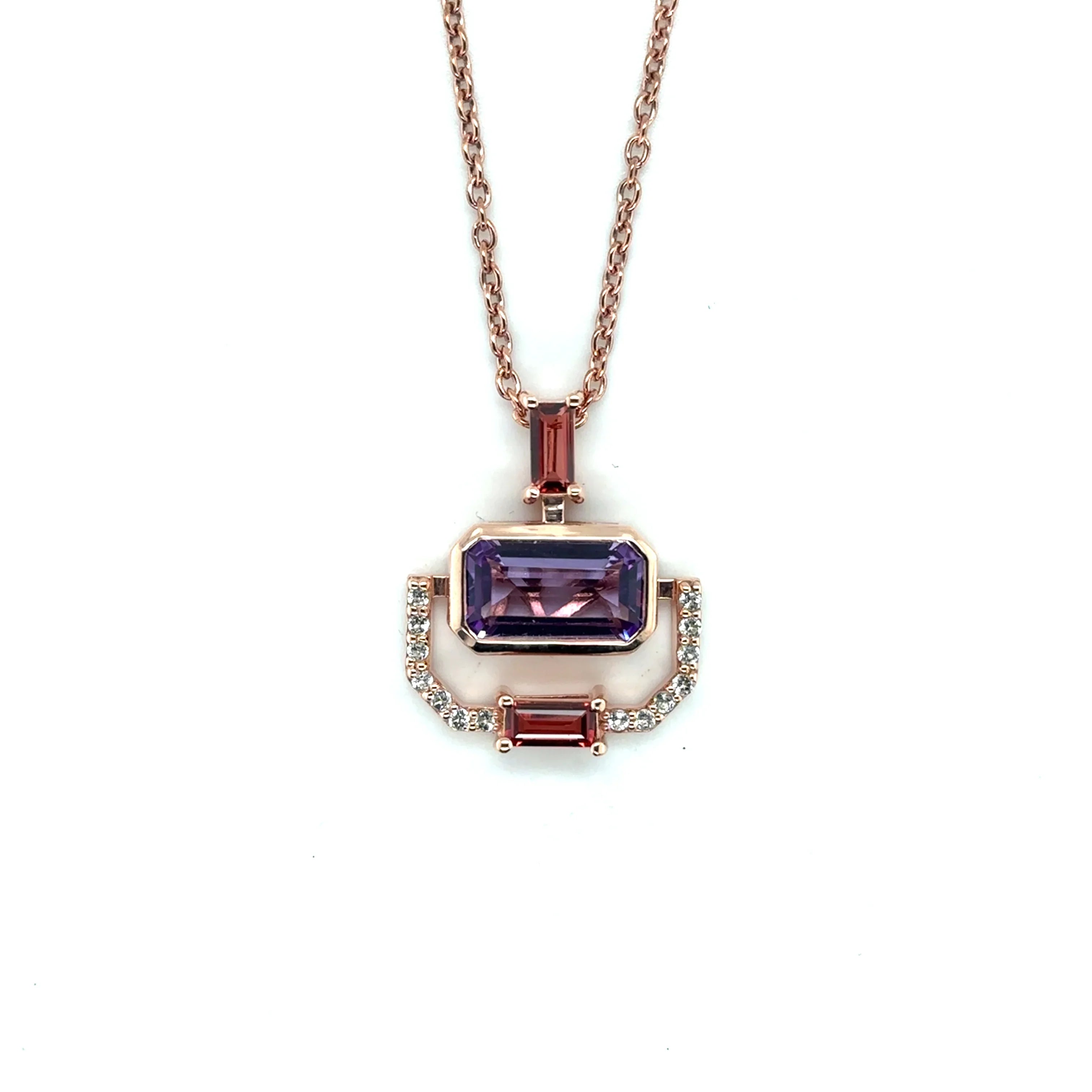 Rose Gold Emerald Cut Natural Amethyst Pendant Necklace